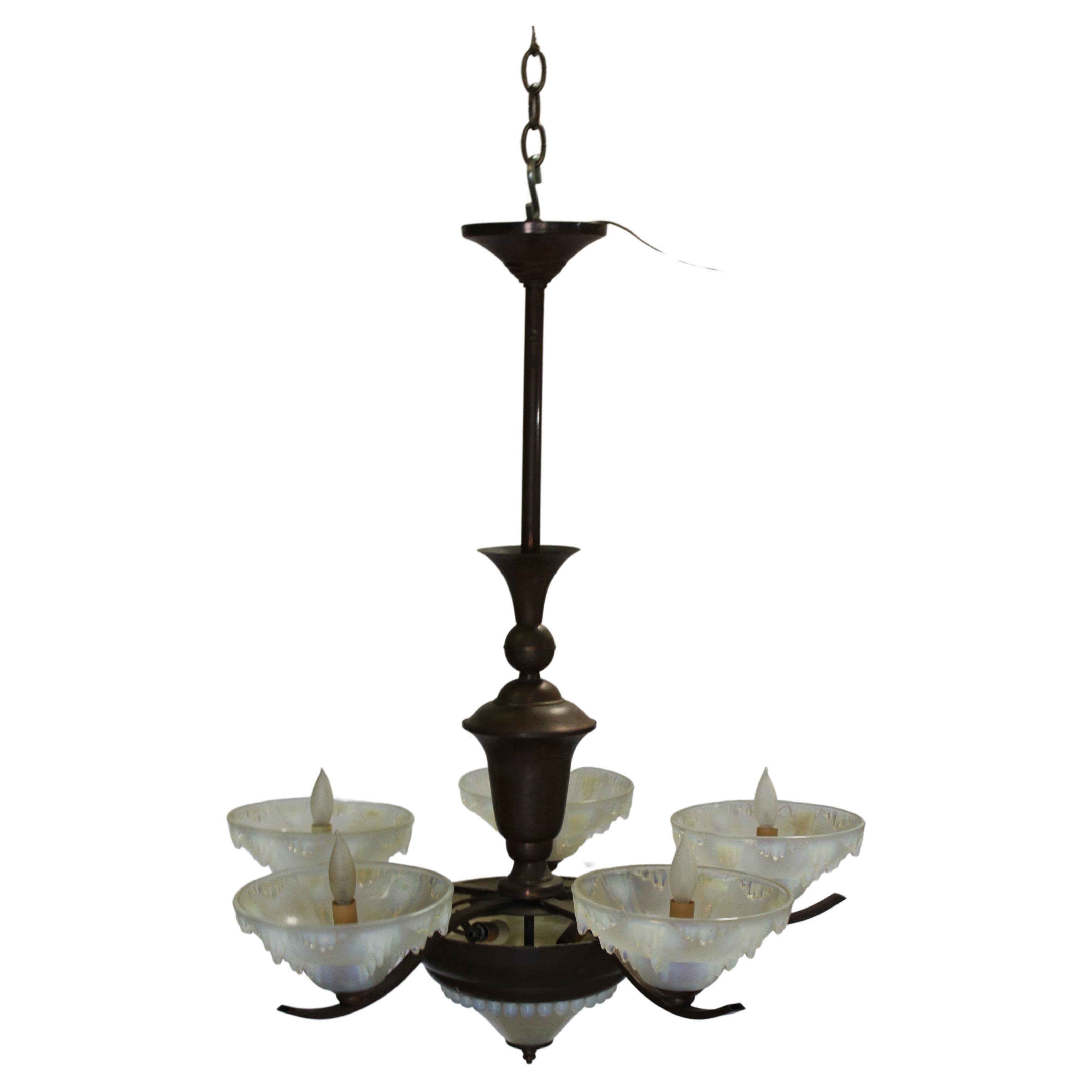 Antique Art Deco Chandelier 5 light , Vaseline glass