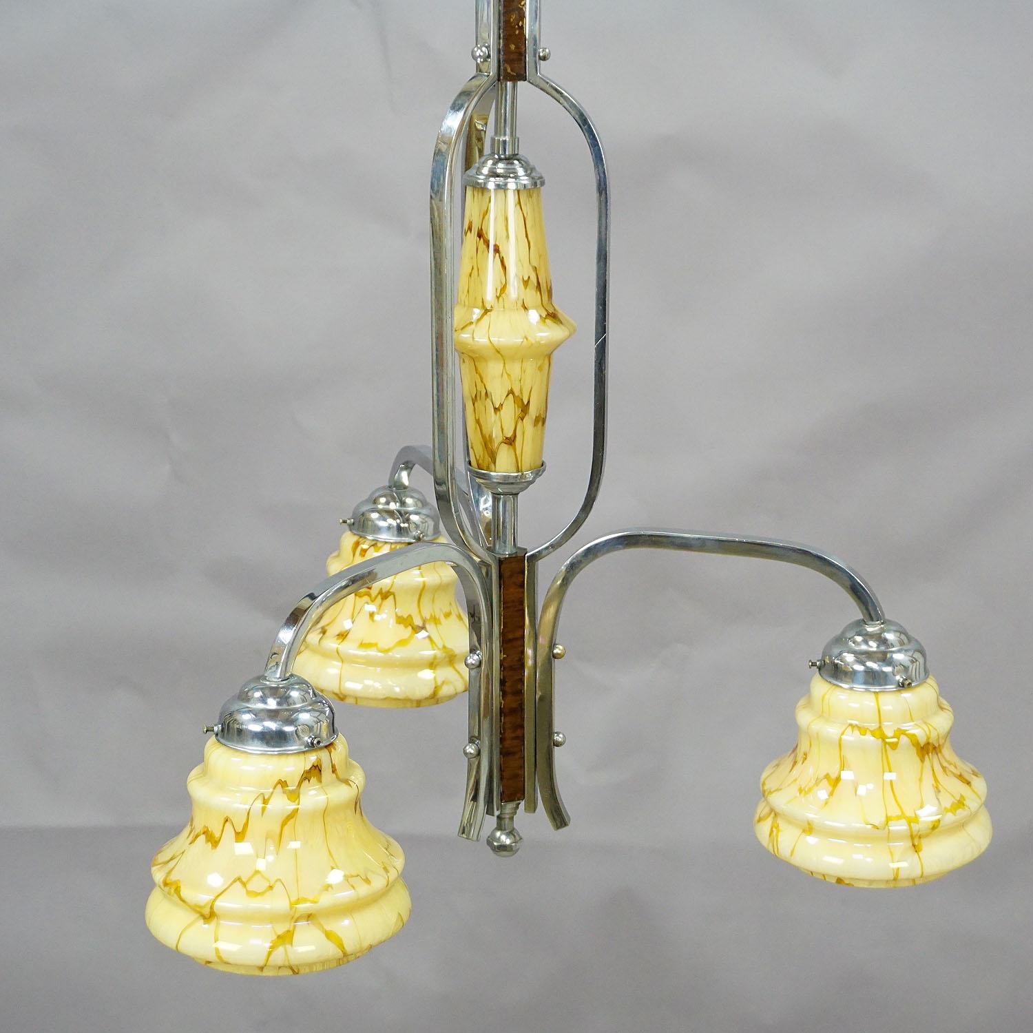 Bauhaus Antique Art Deco Chandelier with Three Glass Shades For Sale