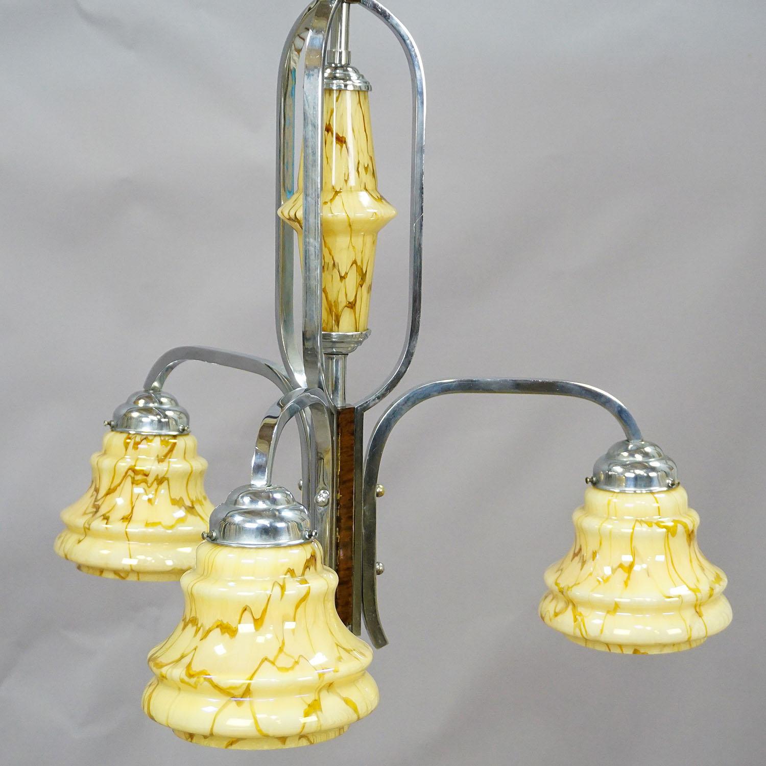 German Antique Art Deco Chandelier with Three Glass Shades For Sale
