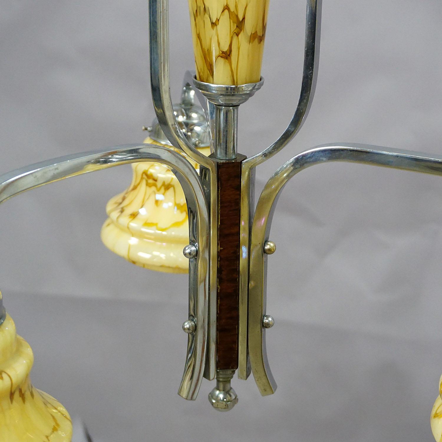 Antique Art Deco Chandelier with Three Glass Shades In Good Condition For Sale In Berghuelen, DE