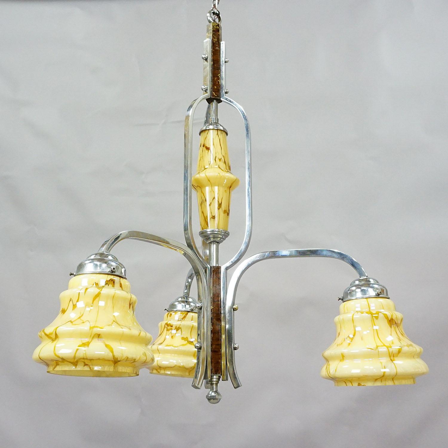 Antique Art Deco Chandelier with Three Glass Shades For Sale 1