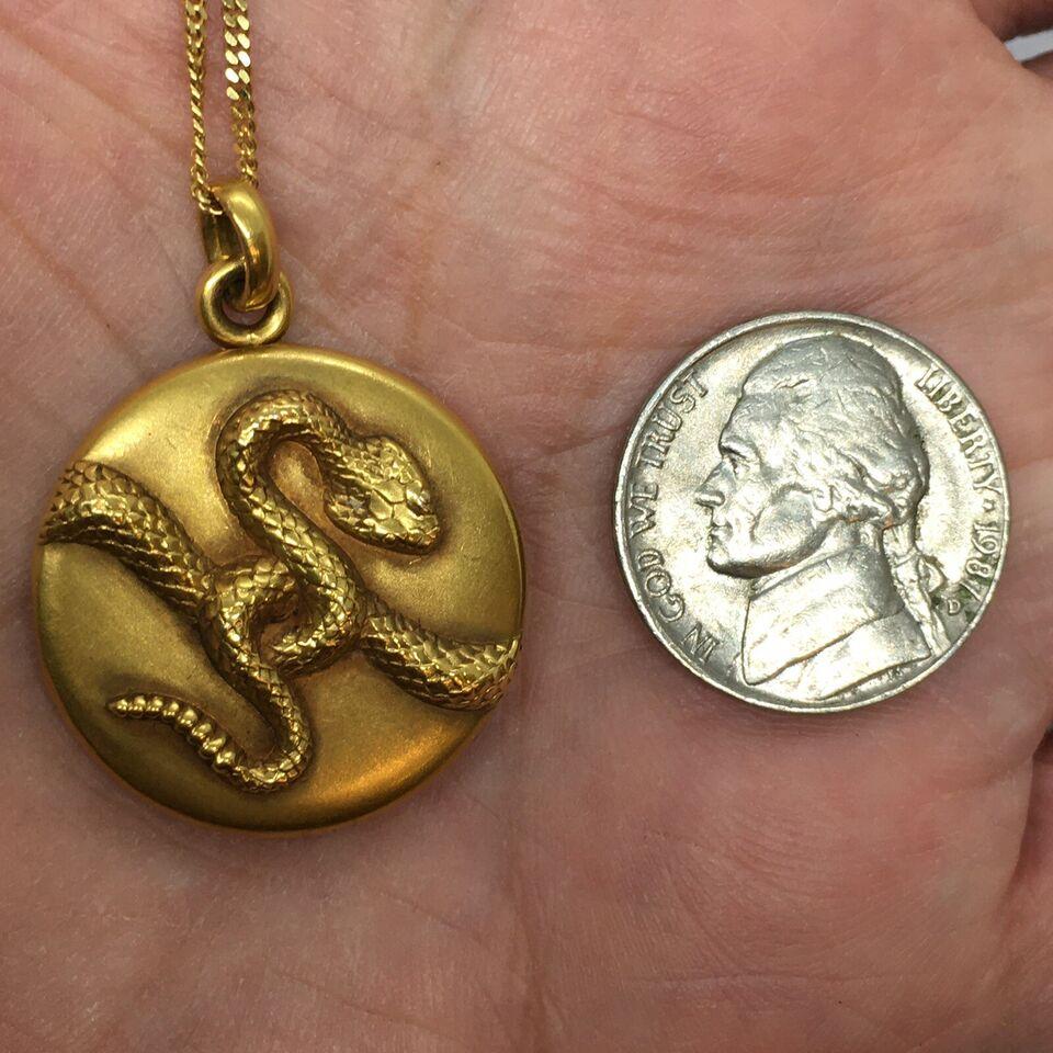 Antique Art Deco Chase Work Snake 14K Gold American Locket Chain Necklace Signed 4