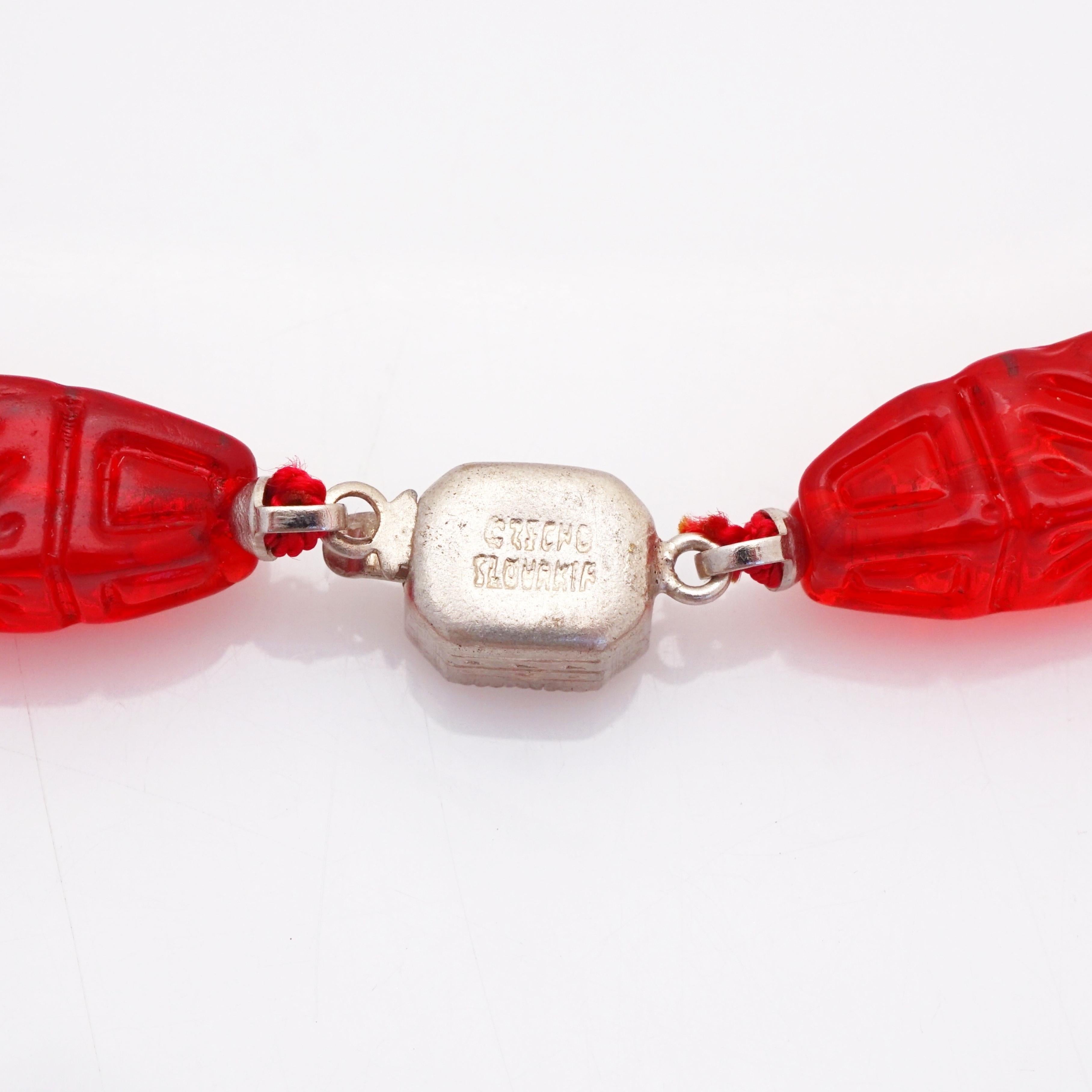 Modern Antique Art Deco Cherry Red Molded Czech Glass Choker Necklace, 1920s