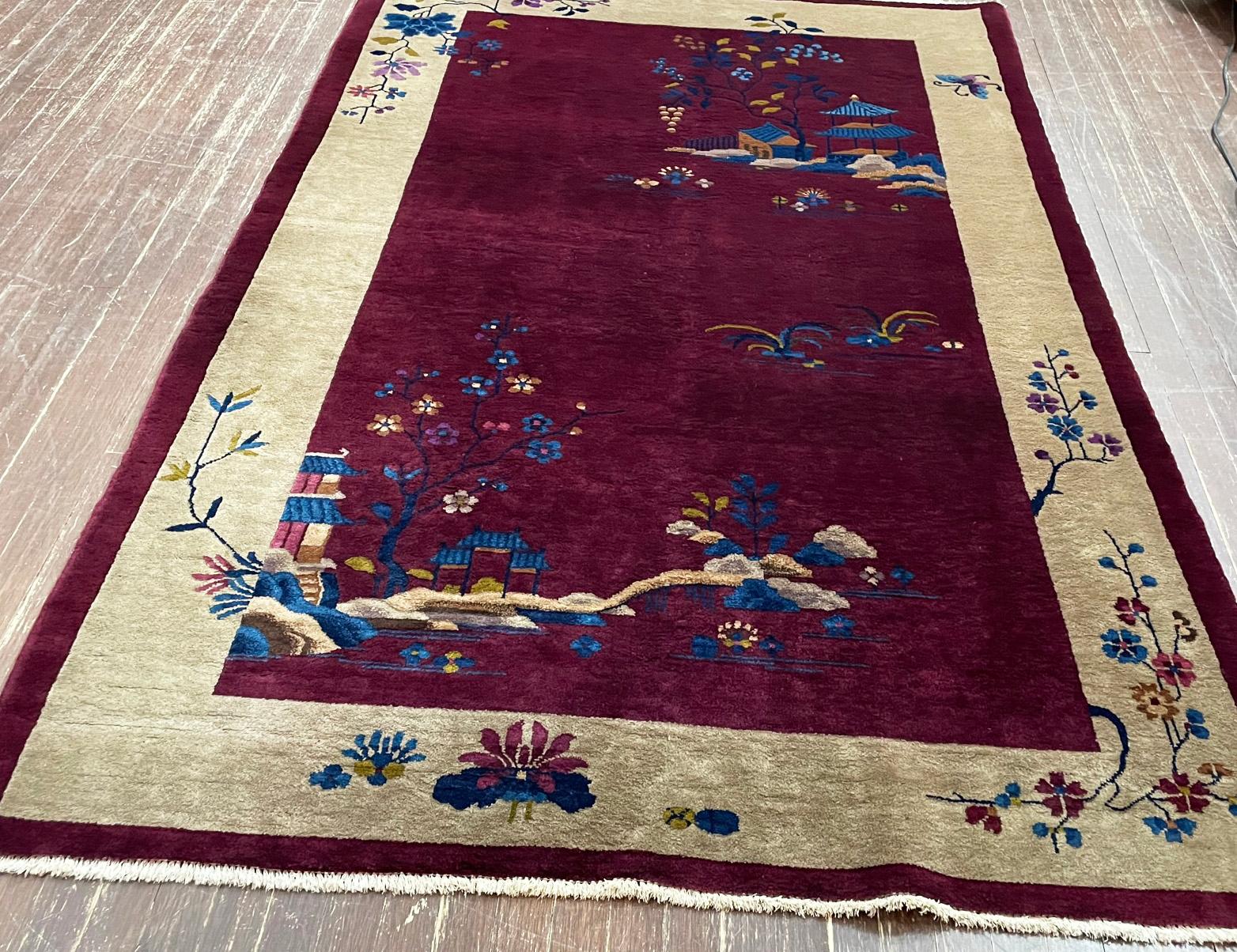 Wool Antique Art Deco Chinese Carpet, C-1920's, Tree of Knowledge For Sale