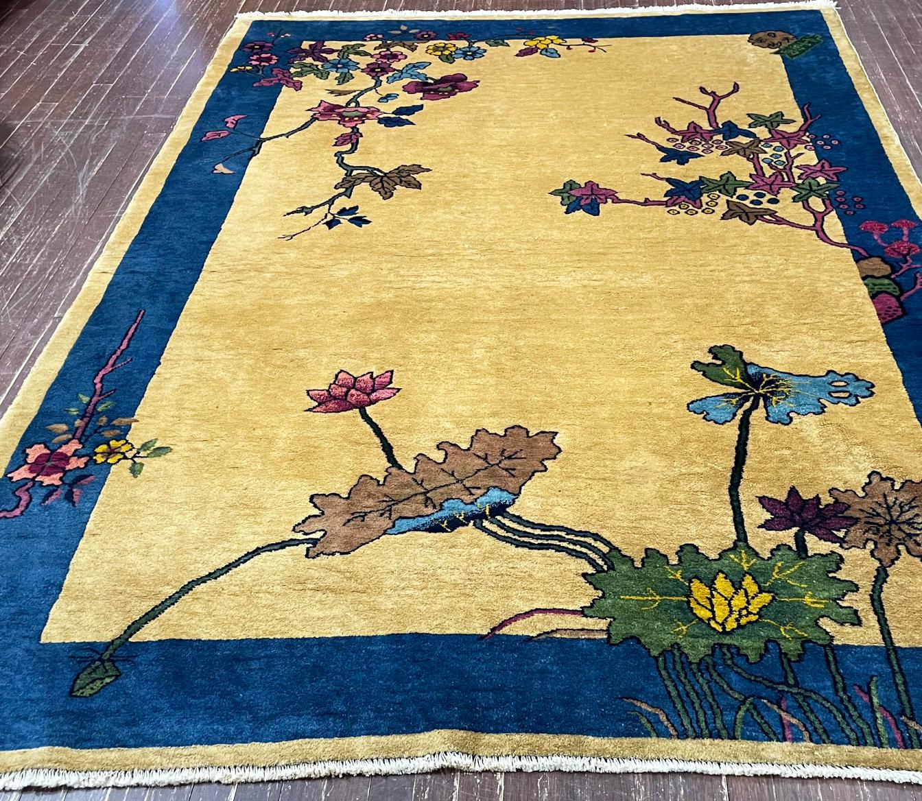 Hand-Knotted Antique Art Deco Chinese Carpet, C-1920, The Shiny World For Sale