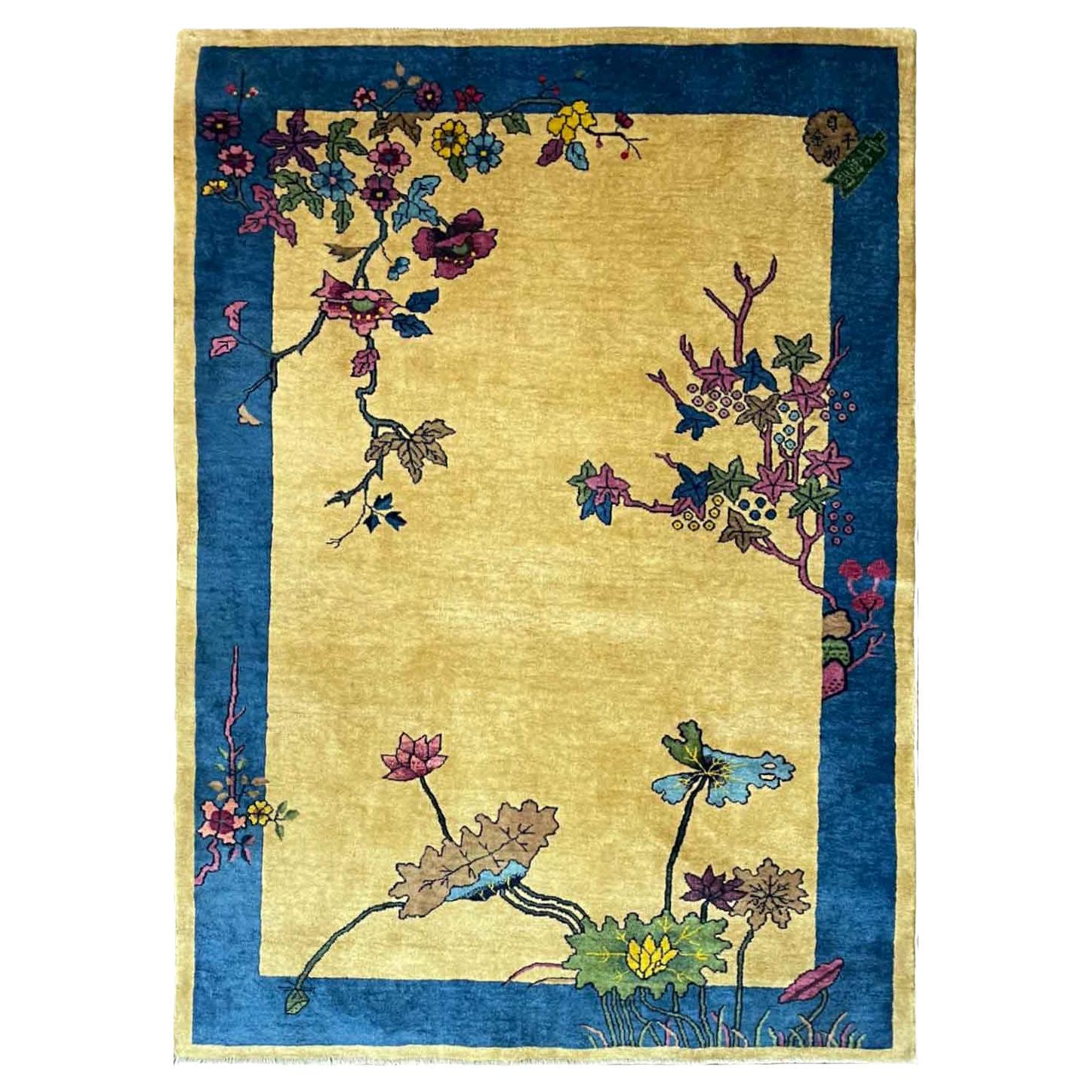 Antique Art Deco Chinese Carpet, C-1920, The Shiny World For Sale