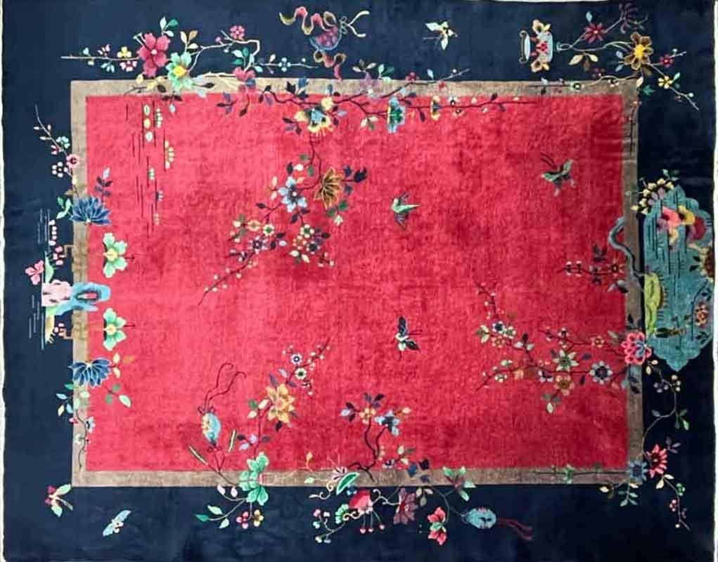 Antique Handmade Art Deco Chinese village Carpet, c-1920's, 8'10