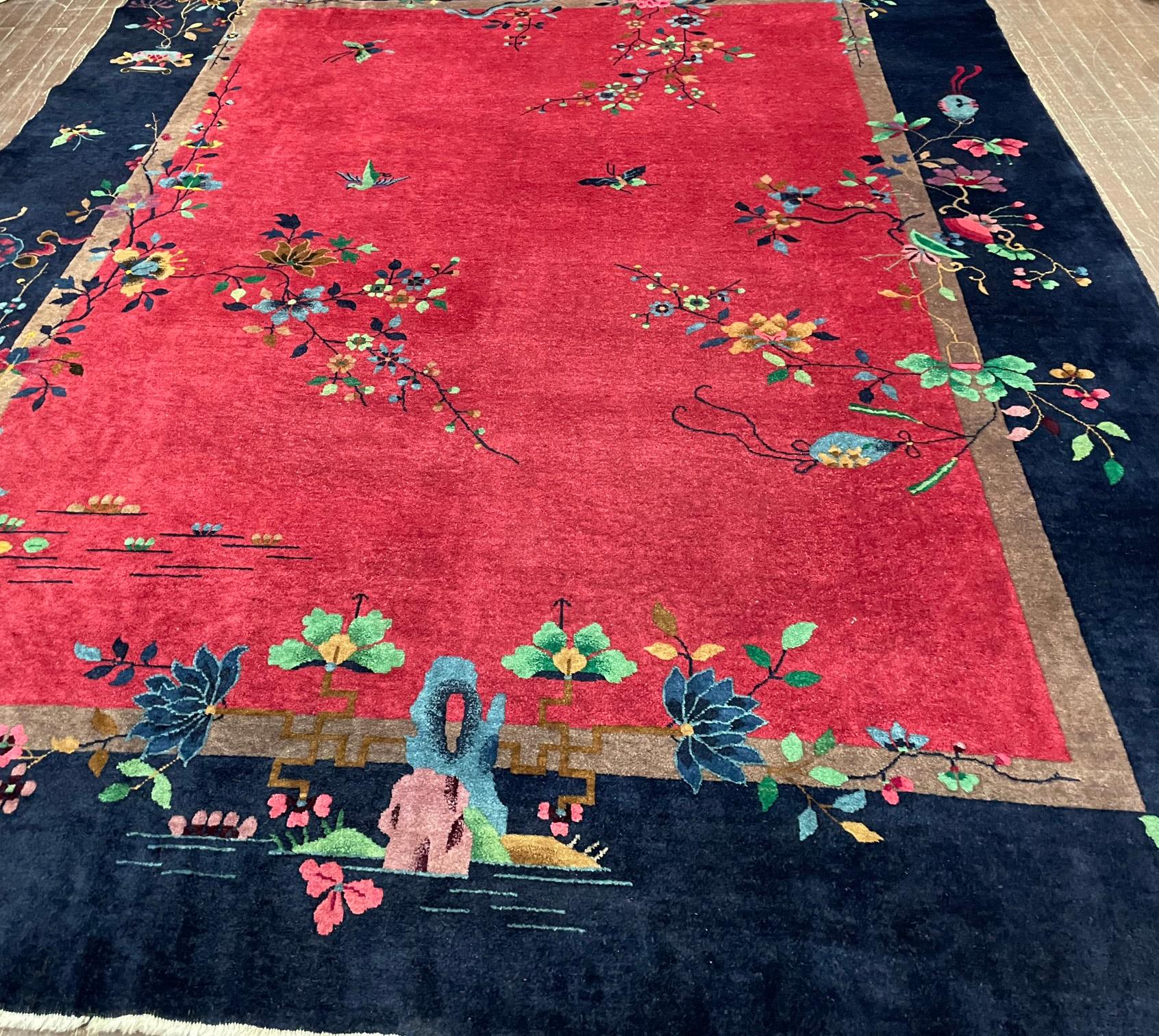 Hand-Knotted Antique Art Deco Chinese Carpet, c-1920's, Chinese Village For Sale