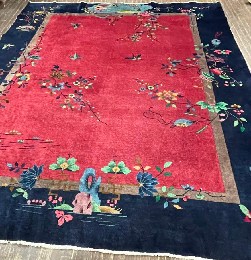 Antique Art Deco Chinese Carpet, c-1920's, Chinese Village In Good Condition For Sale In Evanston, IL