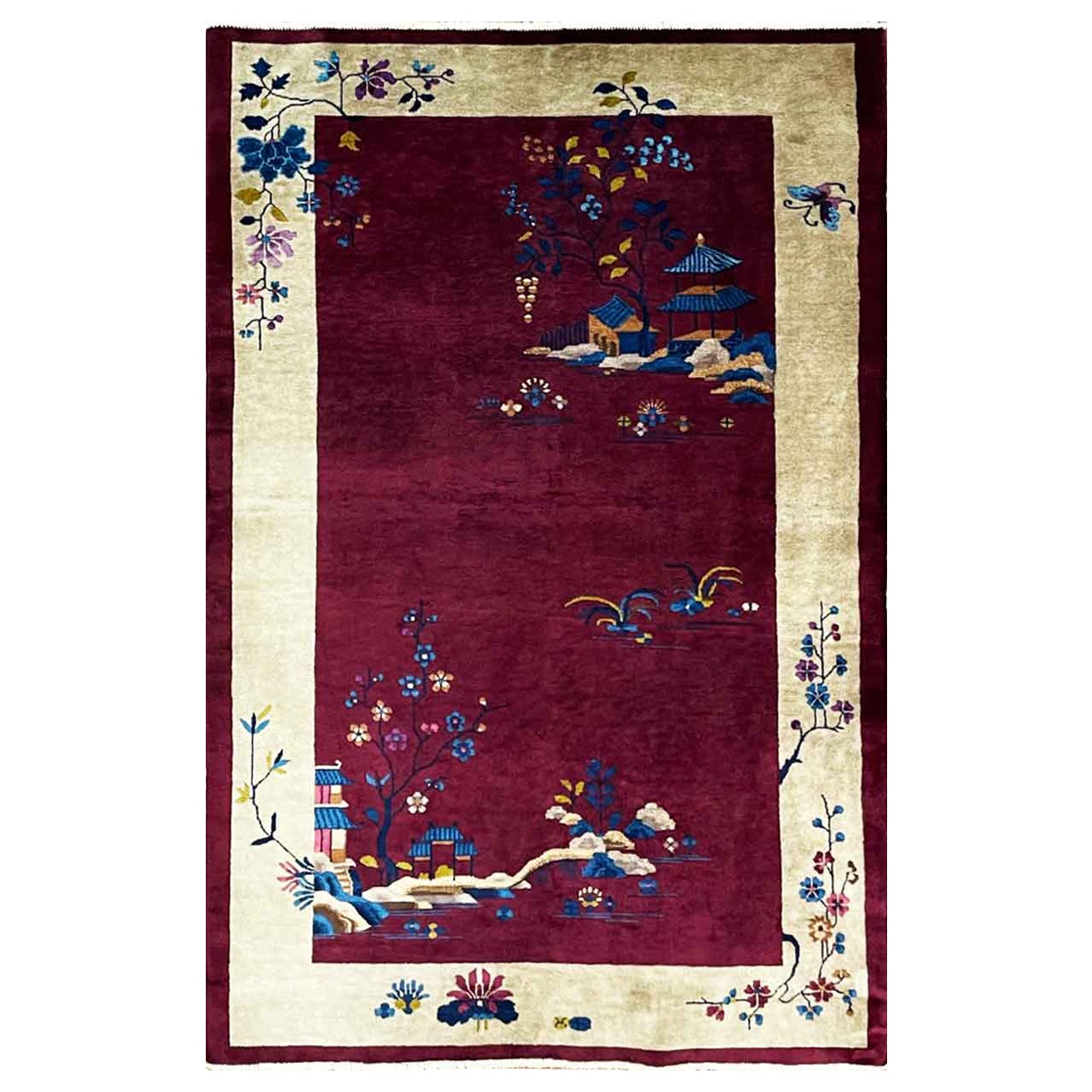 Tapis chinois Art Déco ancien, vers les années 1920, arbre de connaissance