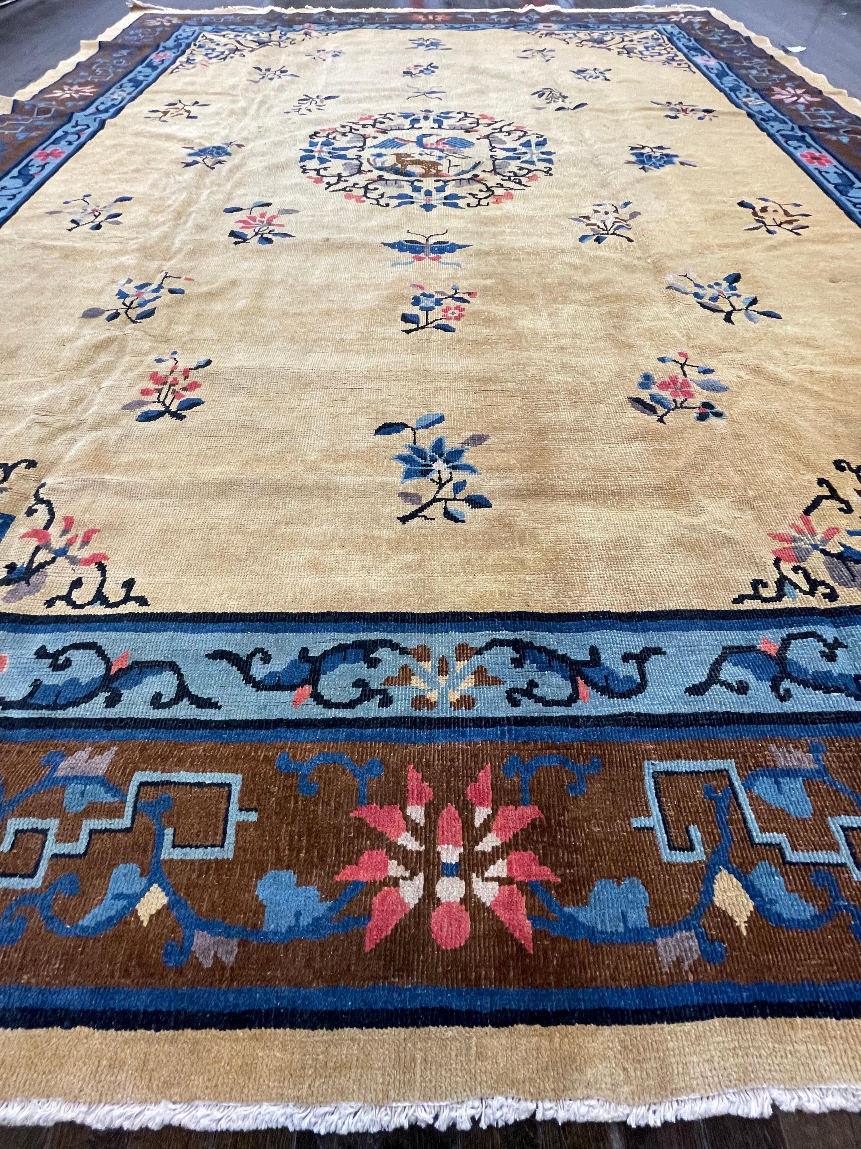 Vegetable Dyed Antique Art Deco Chinese Carpet, circa 1910 For Sale