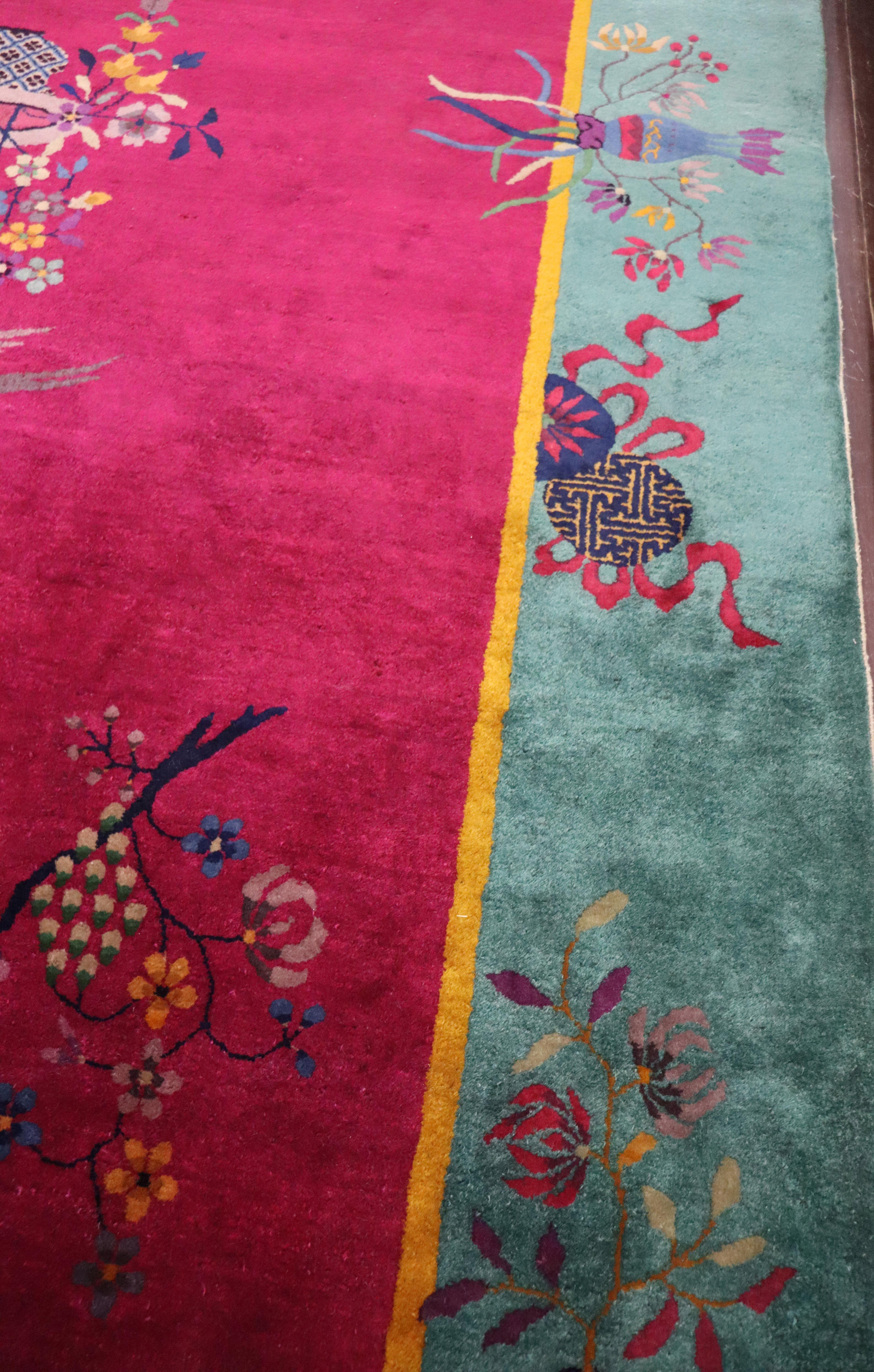 Alfombra china antigua Art Decó, El Pájaro Relojero, 8'8