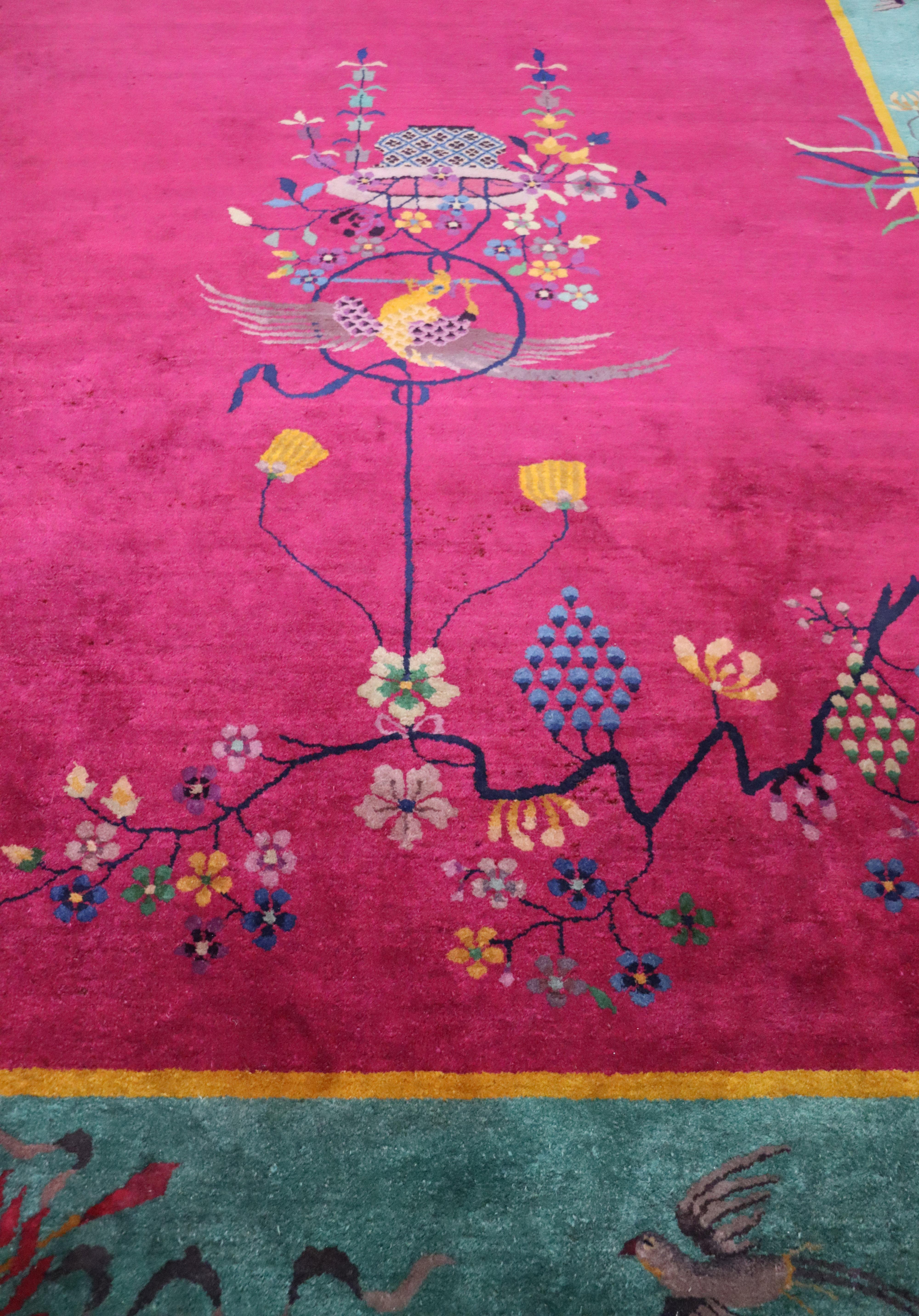 Wool Antique Art Deco Chinese Carpet, The Watch Bird, 8'8