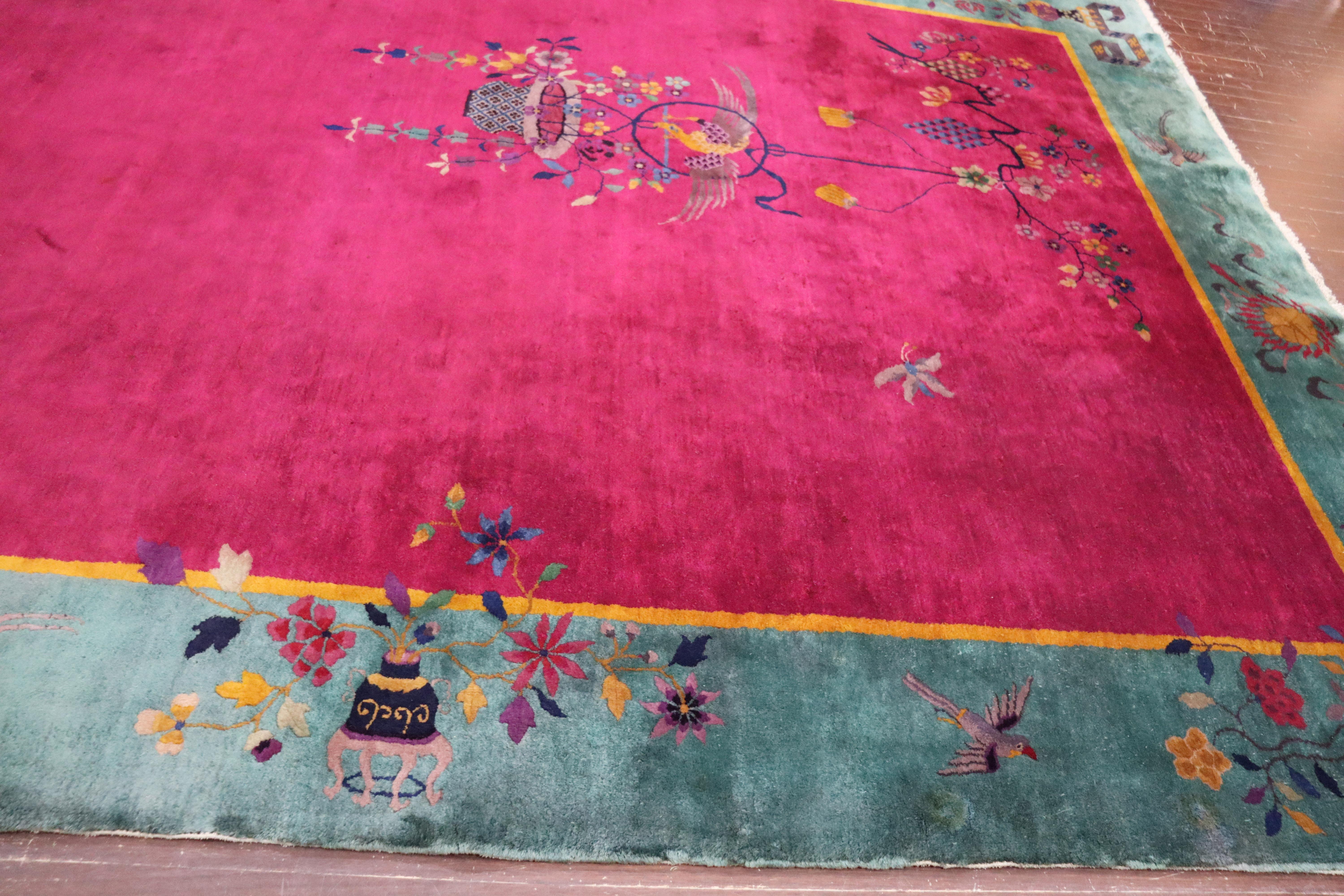 Alfombra china antigua Art Decó, El Pájaro Relojero, 8'8