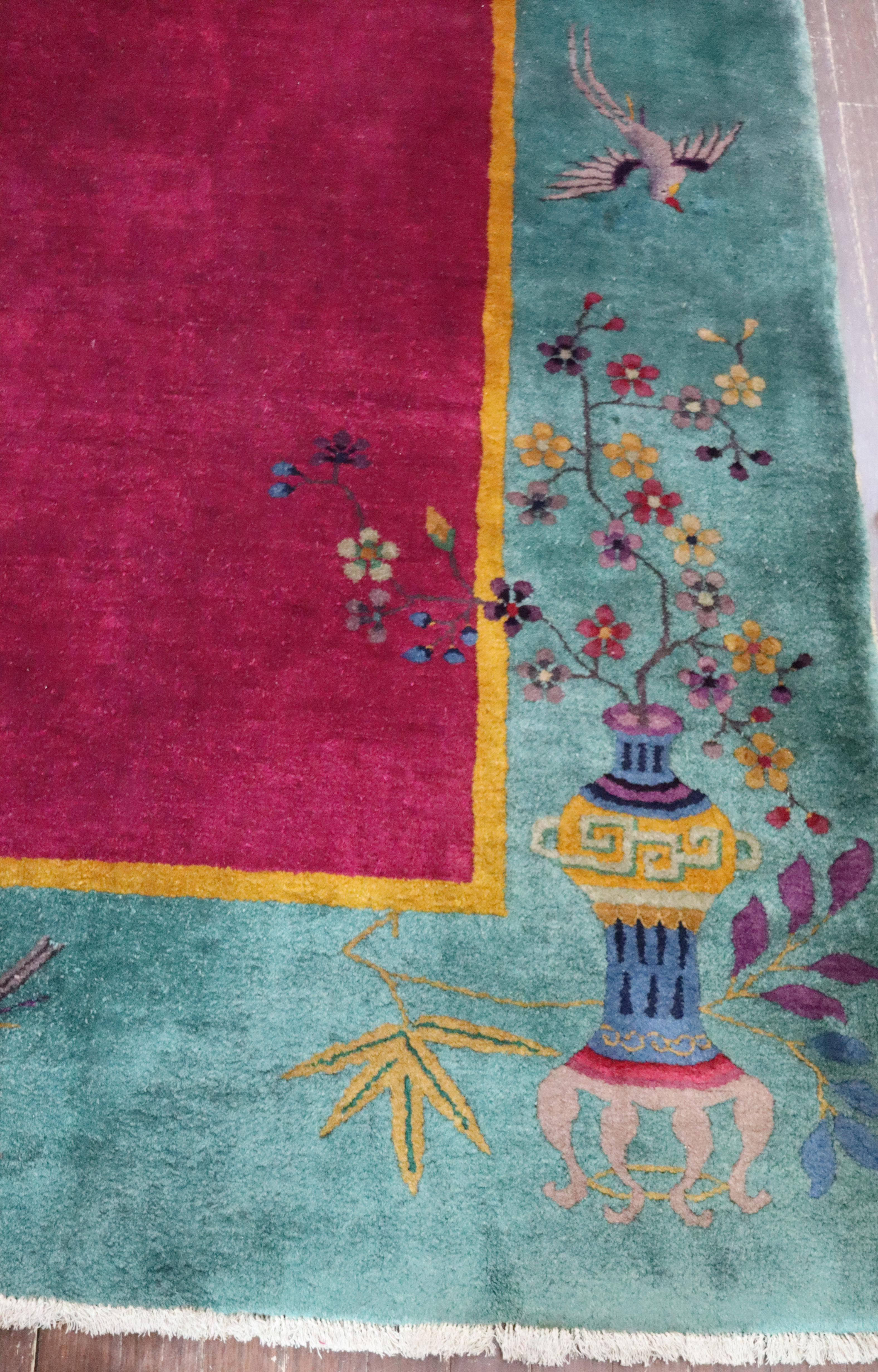 Antique Art Deco Chinese Carpet, The Watch Bird, 8'8