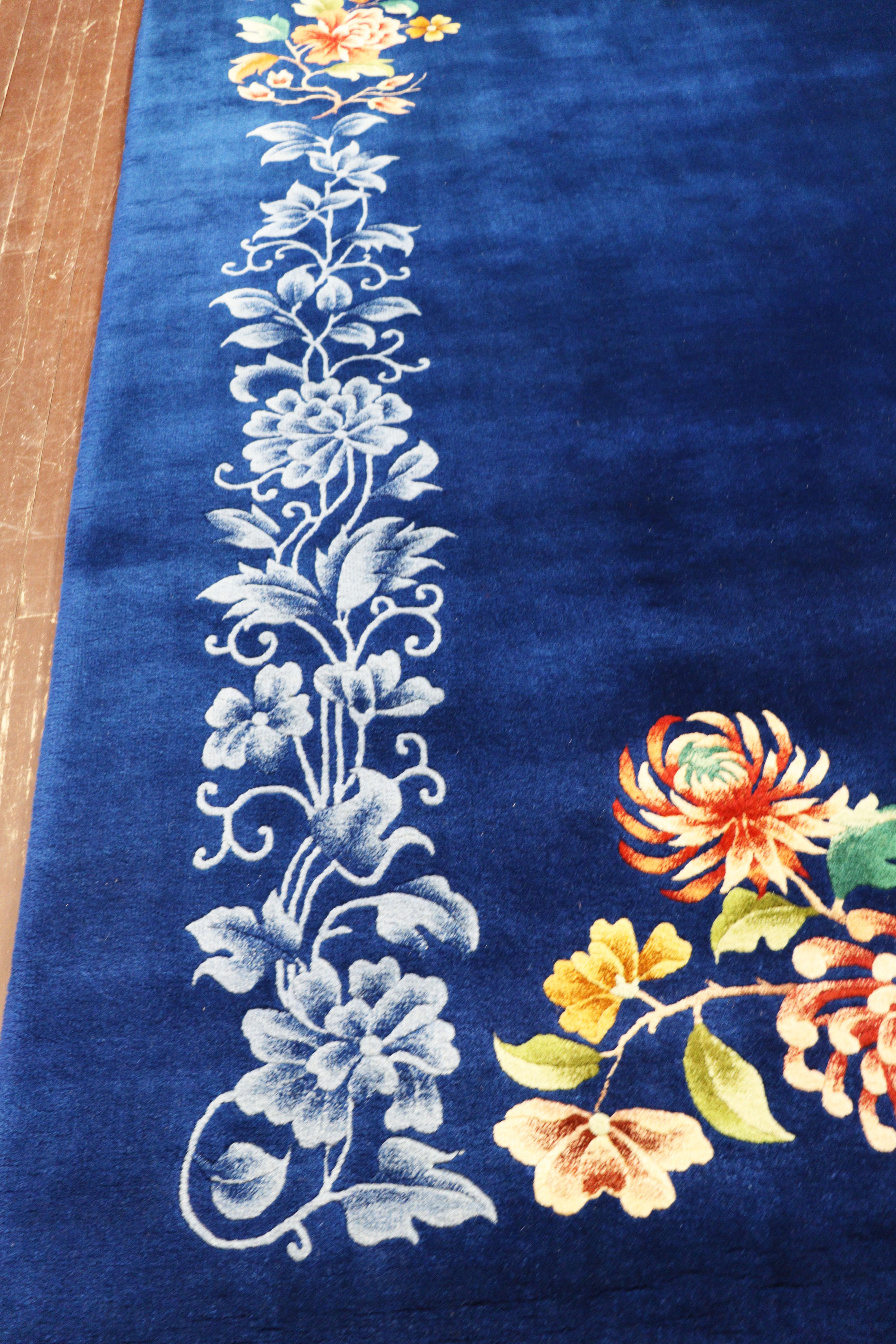 Hand-Knotted Antique Art Deco Chinese Carpet, Perfect Blue For Sale