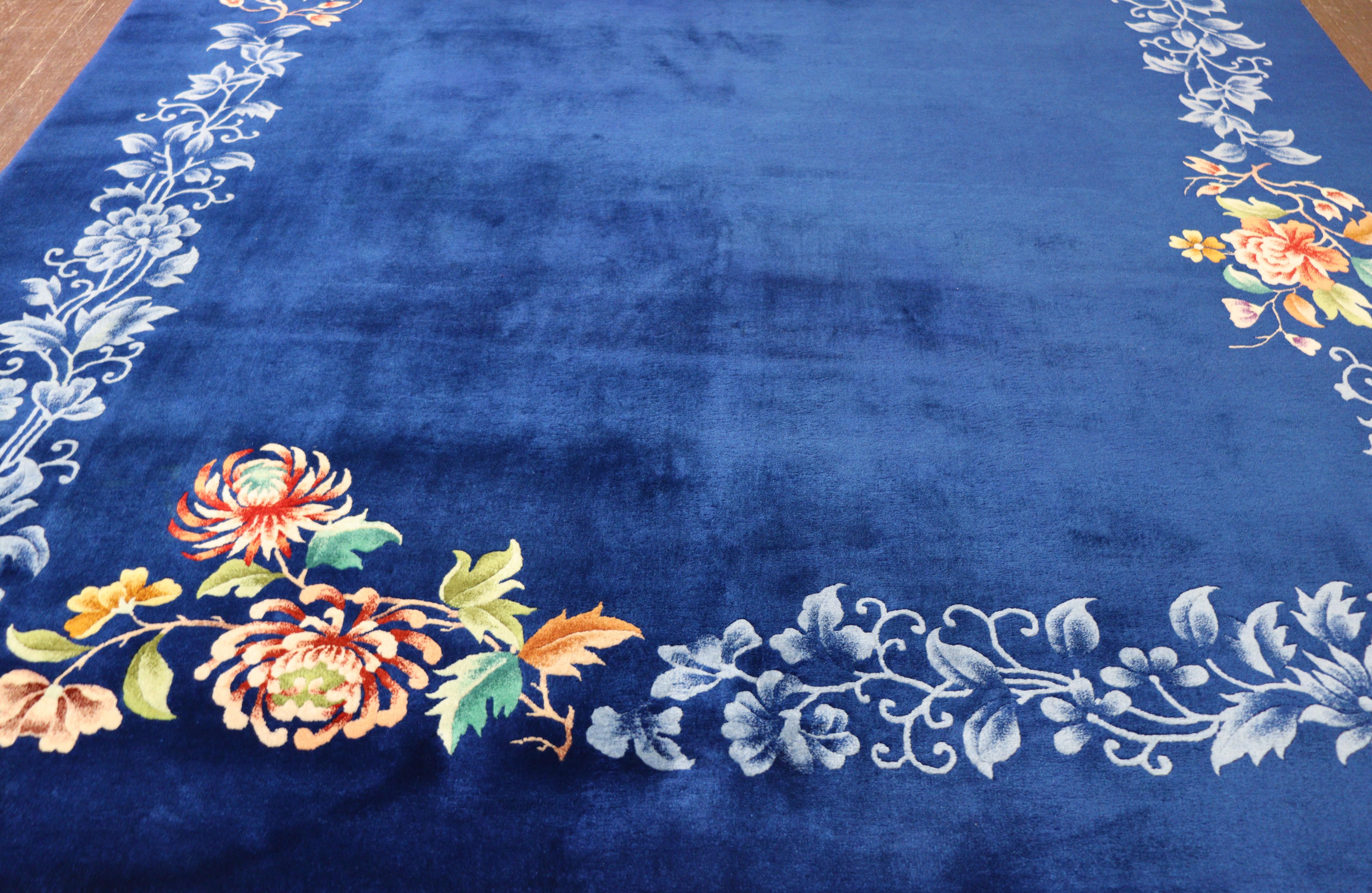 20th Century Antique Art Deco Chinese Carpet, Perfect Blue For Sale