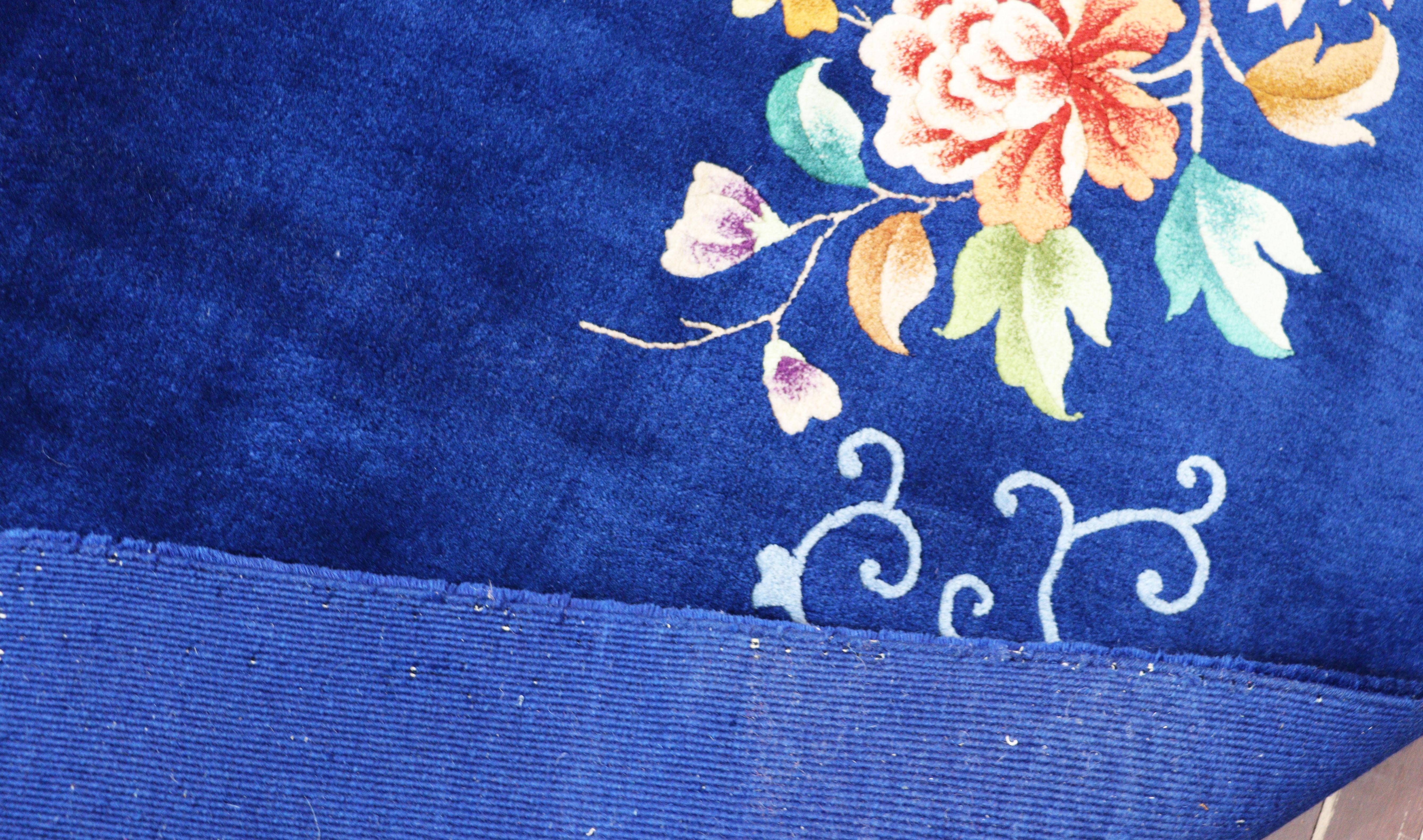 Wool Antique Art Deco Chinese Carpet, Perfect Blue For Sale