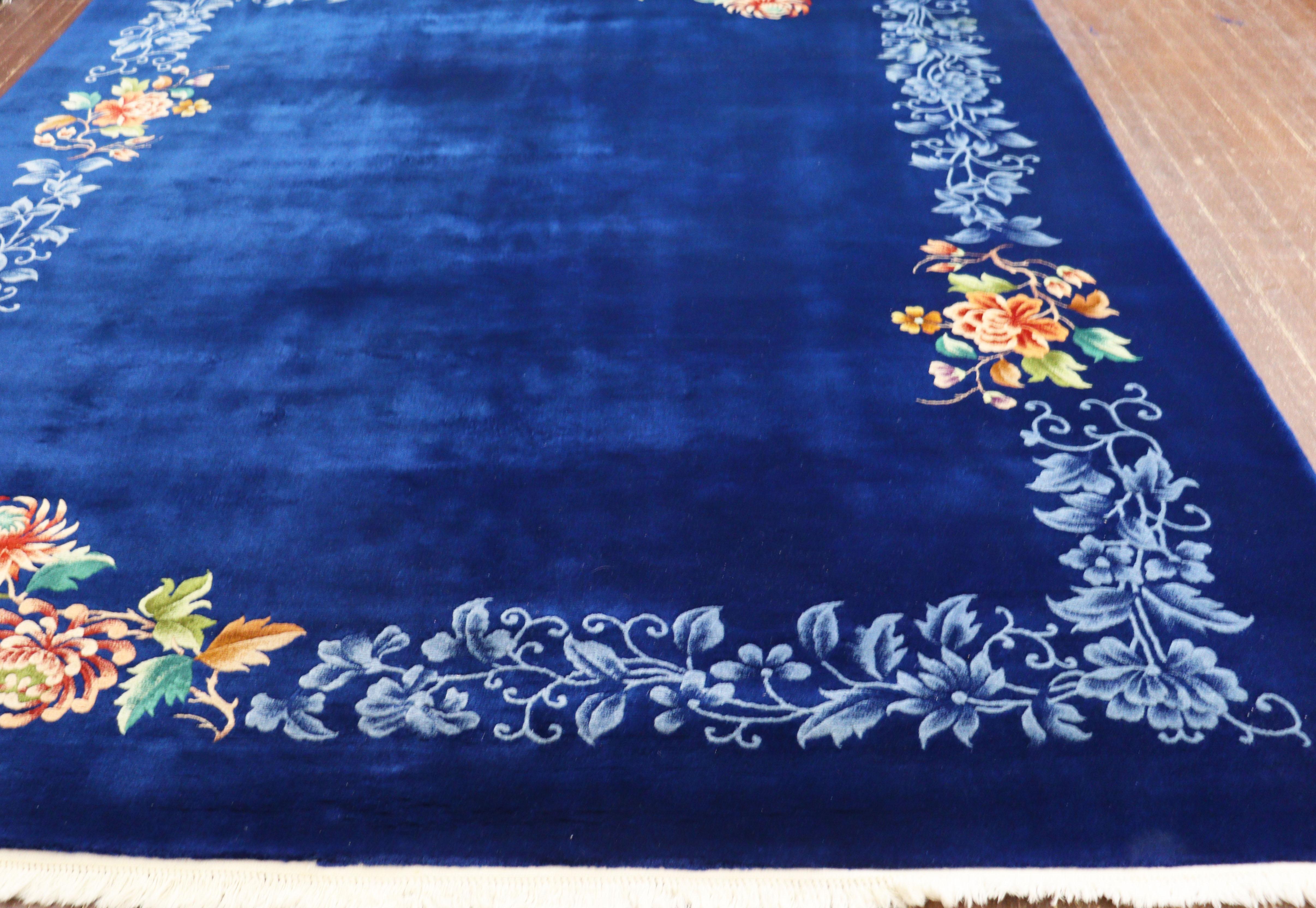 Antique Art Deco Chinese Carpet, Perfect Blue For Sale 2