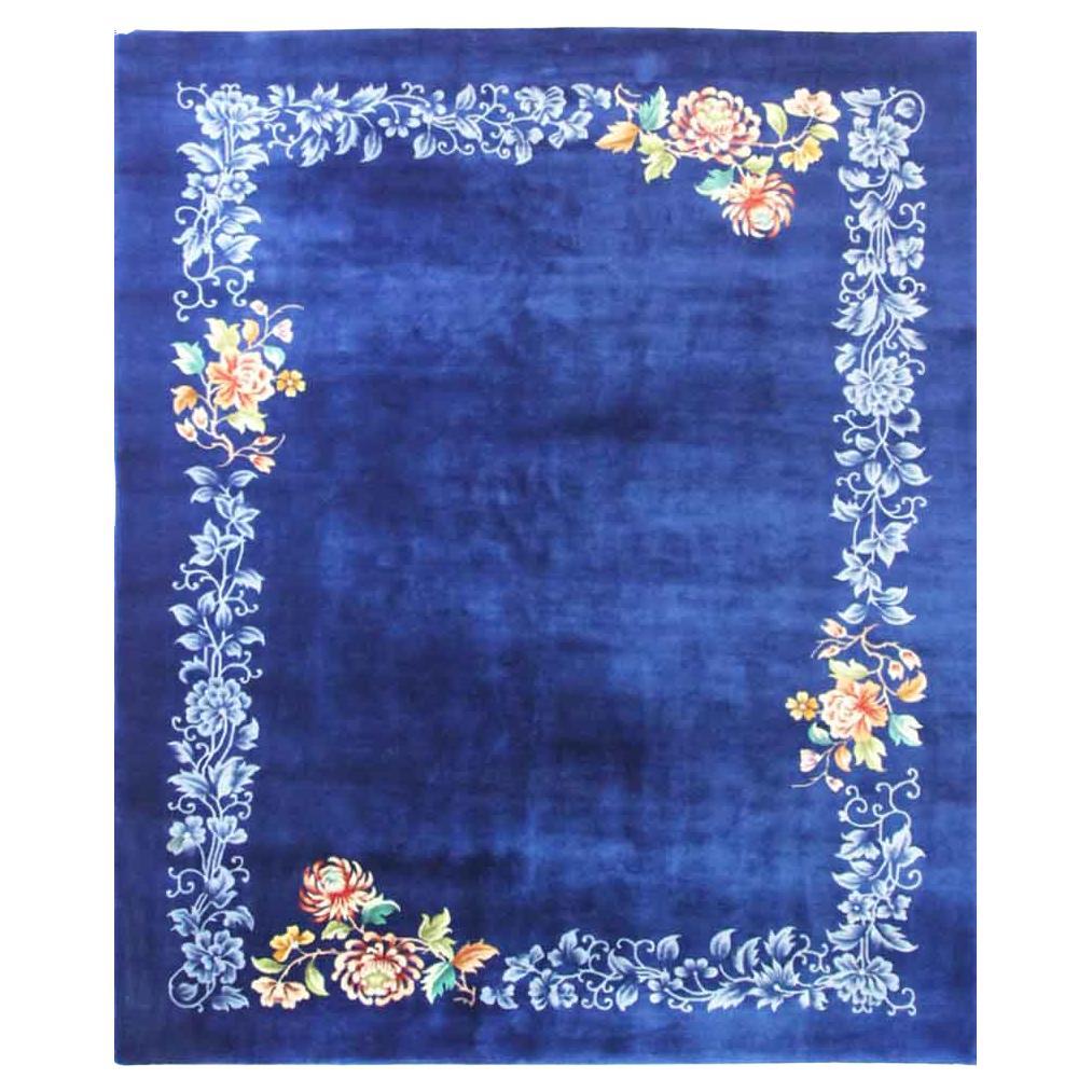 Antique Art Deco Chinese Carpet, Perfect Blue For Sale