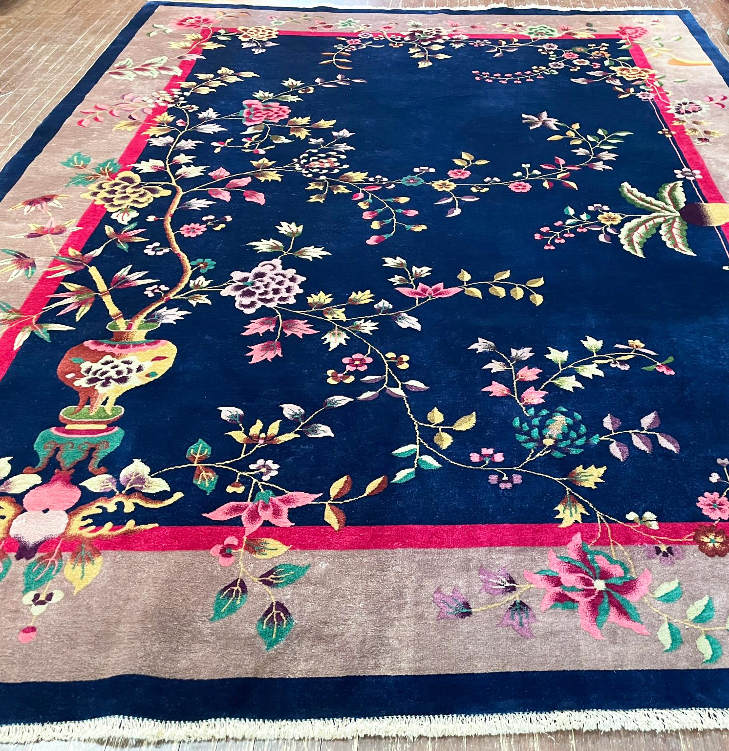 Wool Antique Art Deco Chinese Carpet, Richness, circa 1920, #17399 For Sale