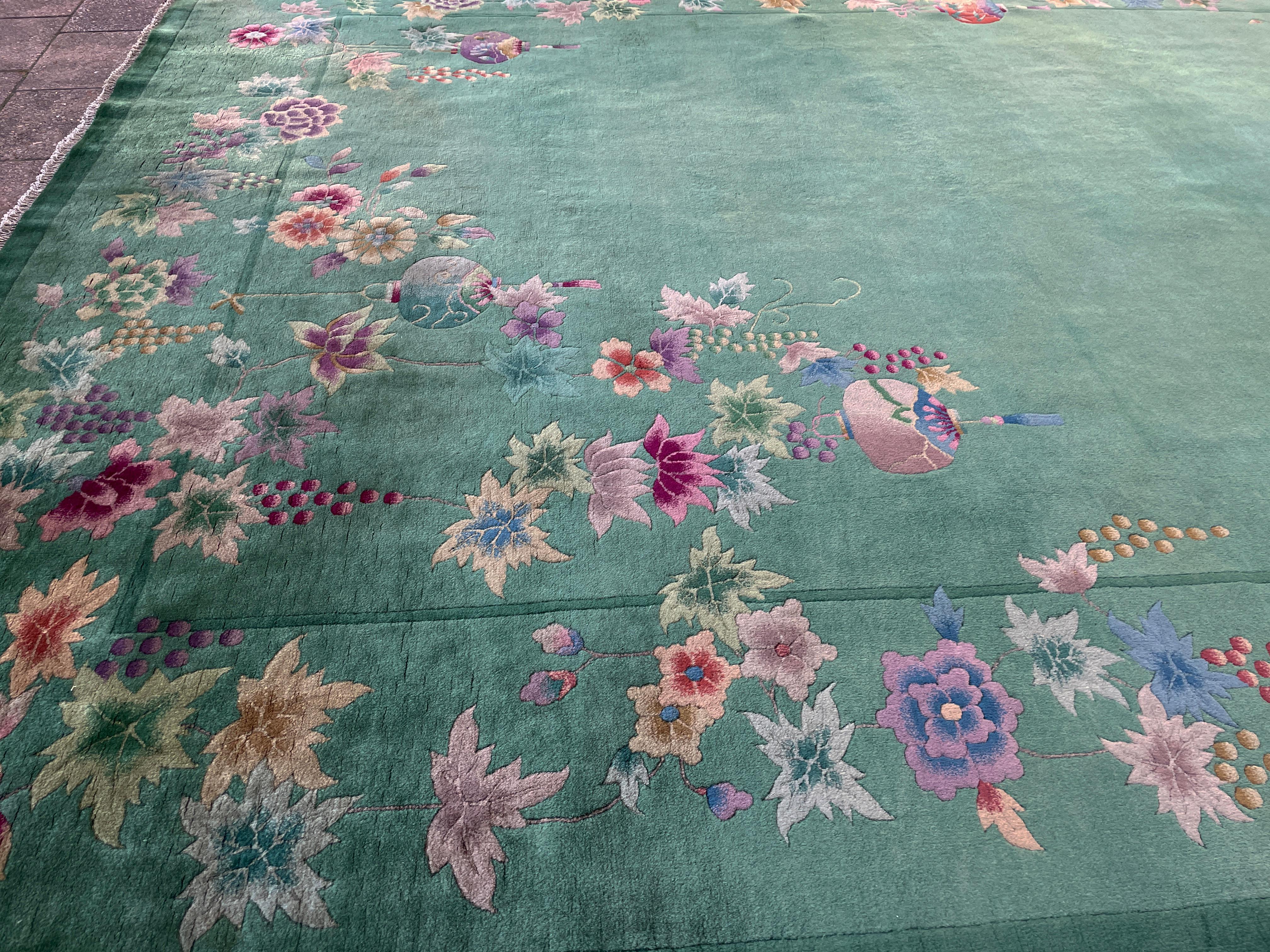 20th Century Antique Art Deco Chinese Carpet, wonderful Carpet Of Happiness  For Sale
