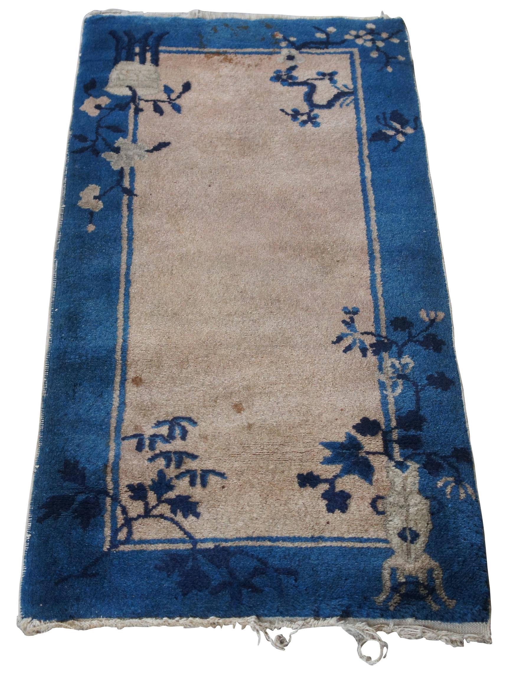 Chinoiserie Antique Art Deco Chinese Floral Blue Pink Area Rug Mat Oriental Runner Wool