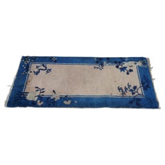 Antique Art Deco Chinese Floral Blue Pink Area Rug Mat Oriental Runner Wool