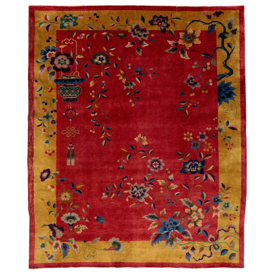 Chinese Rags Red Art Deco Chinese Wool Rug with Floral Motif From the 1920s For Sale ...