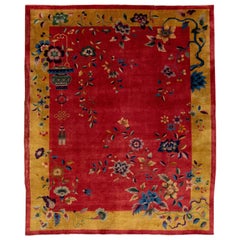 Tapis chinois Art Déco ancien en laine à fleurs fabriqué à la main en rouge