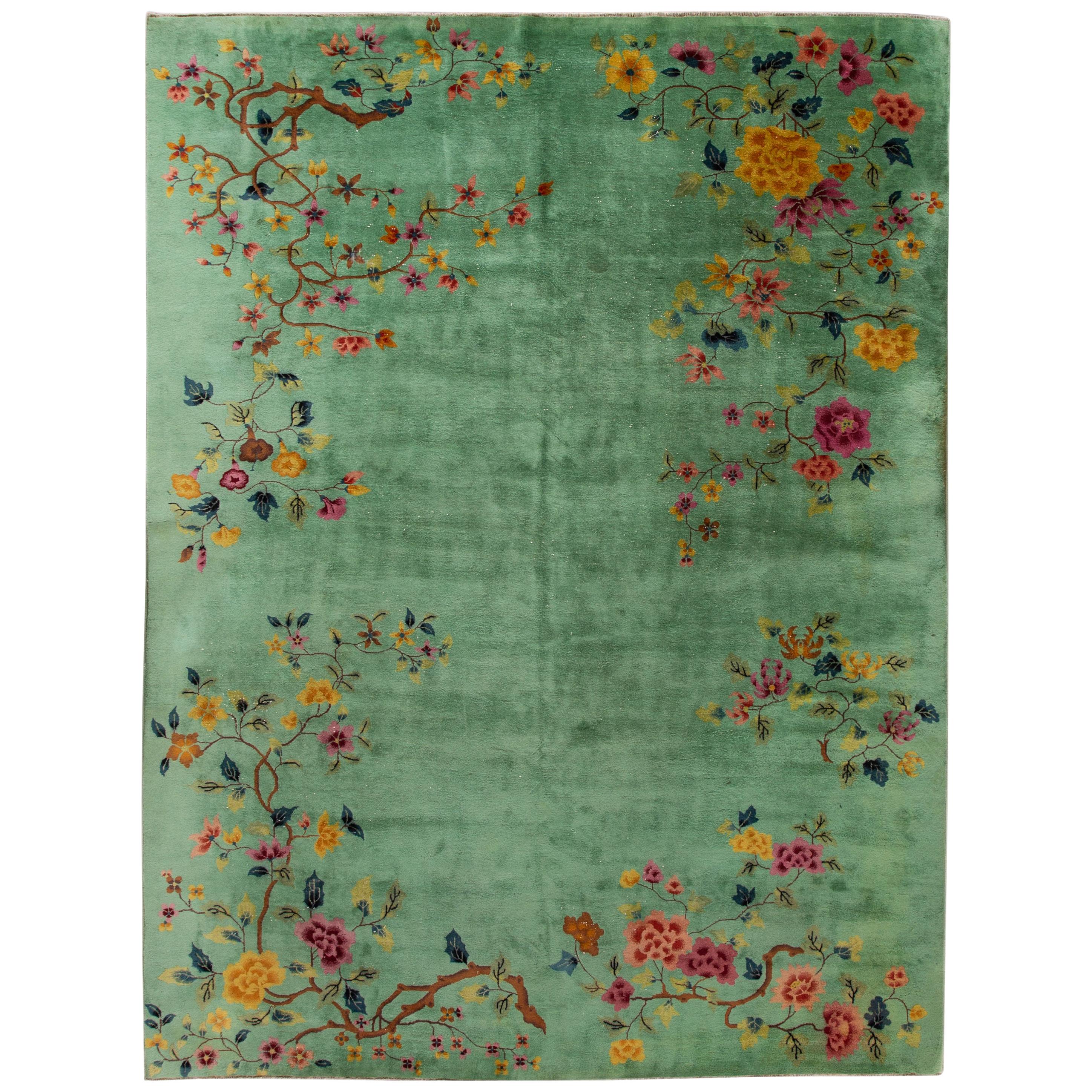 Green Antique Art Deco Chinese Wool Rug For Sale at 1stDibs