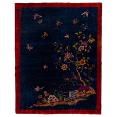 Antique Art Deco Chinese Handmade Floral Blue Wool Rug