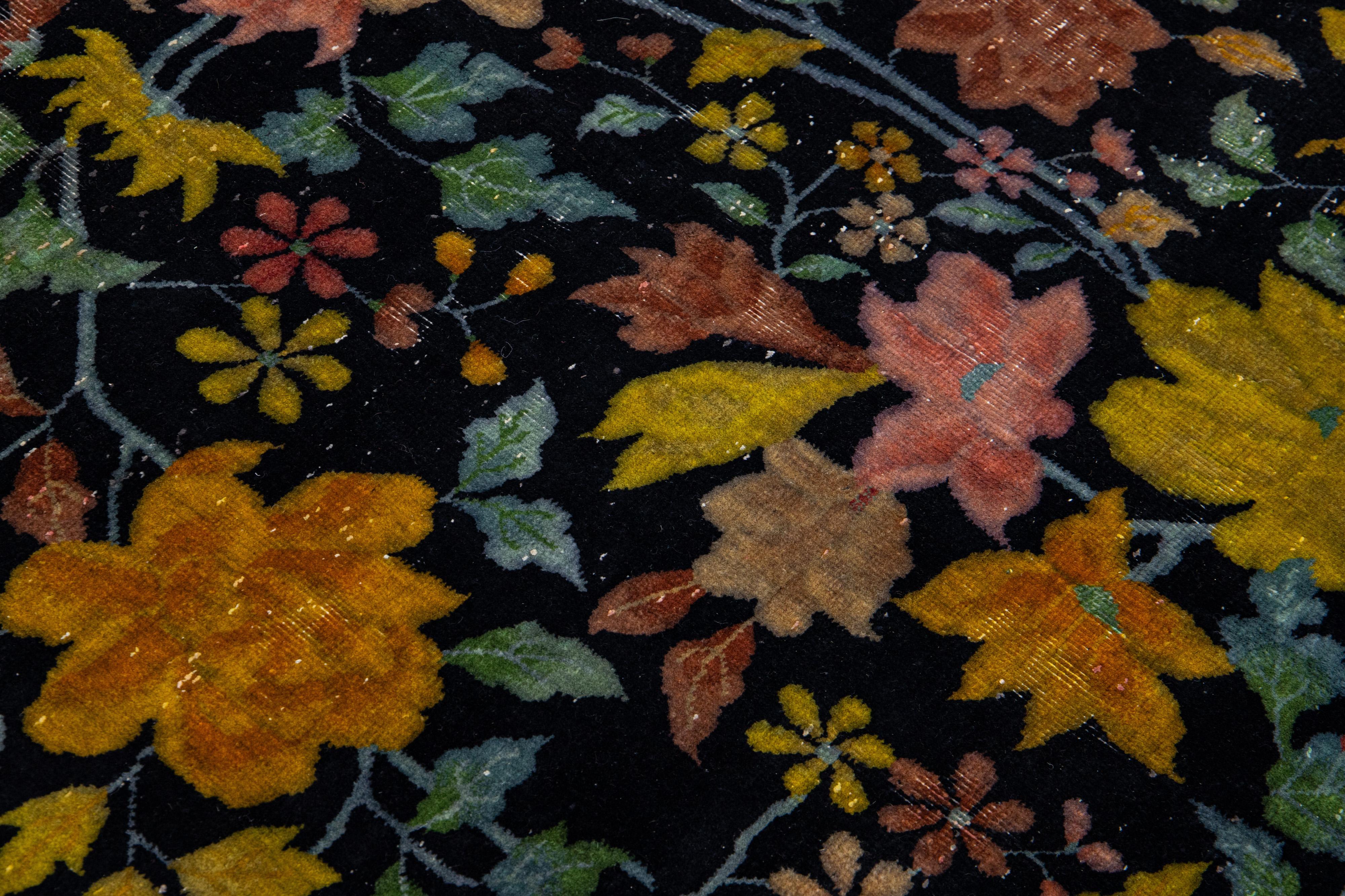 Antique Art Deco Chinese Handmade Floral Dark Blue Wool Rug For Sale 3