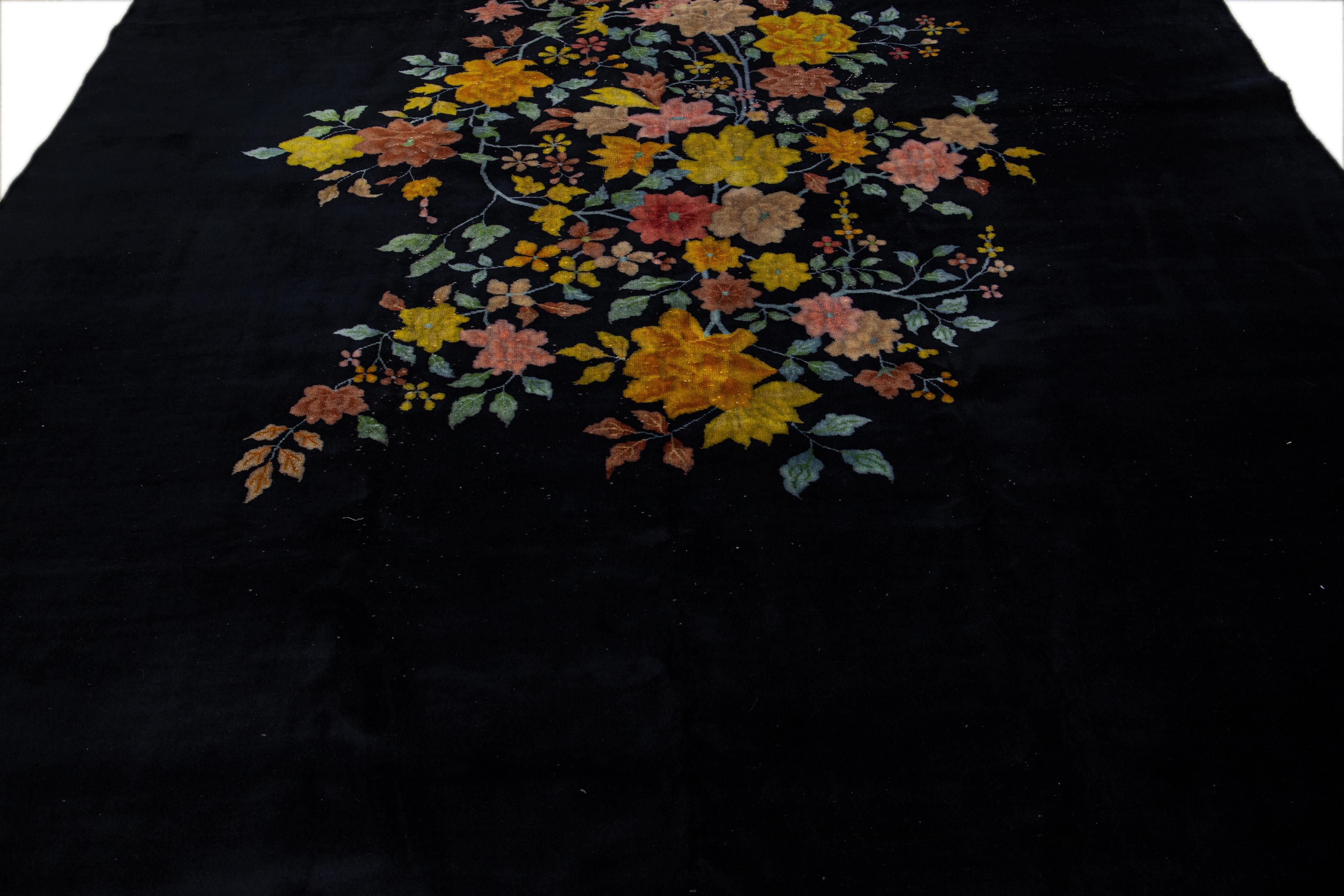 French Provincial Antique Art Deco Chinese Handmade Floral Dark Blue Wool Rug For Sale