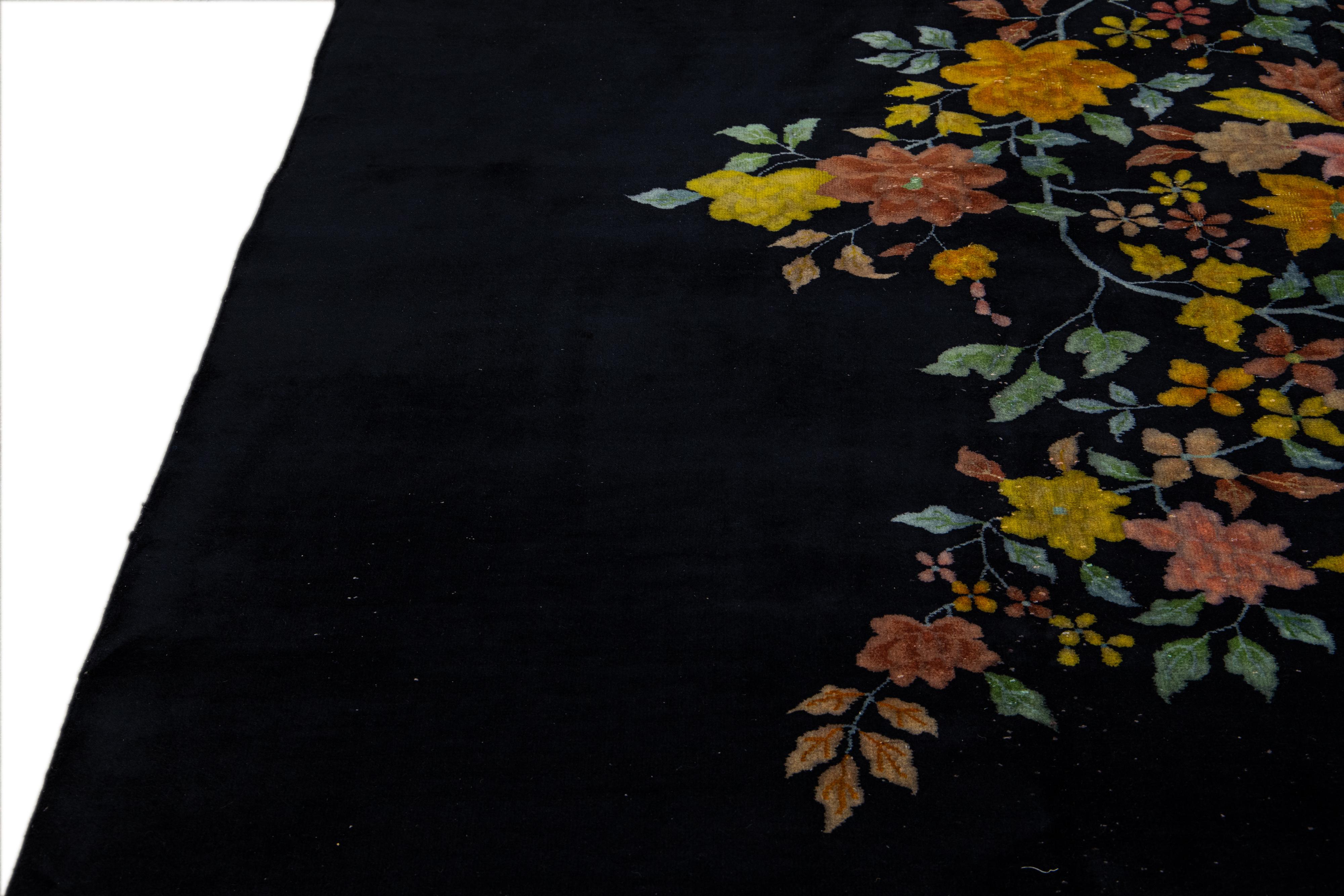 Antike Art Deco Chinesisch Handgefertigt Floral Dunkelblau Wolle Teppich (Handgeknüpft) im Angebot