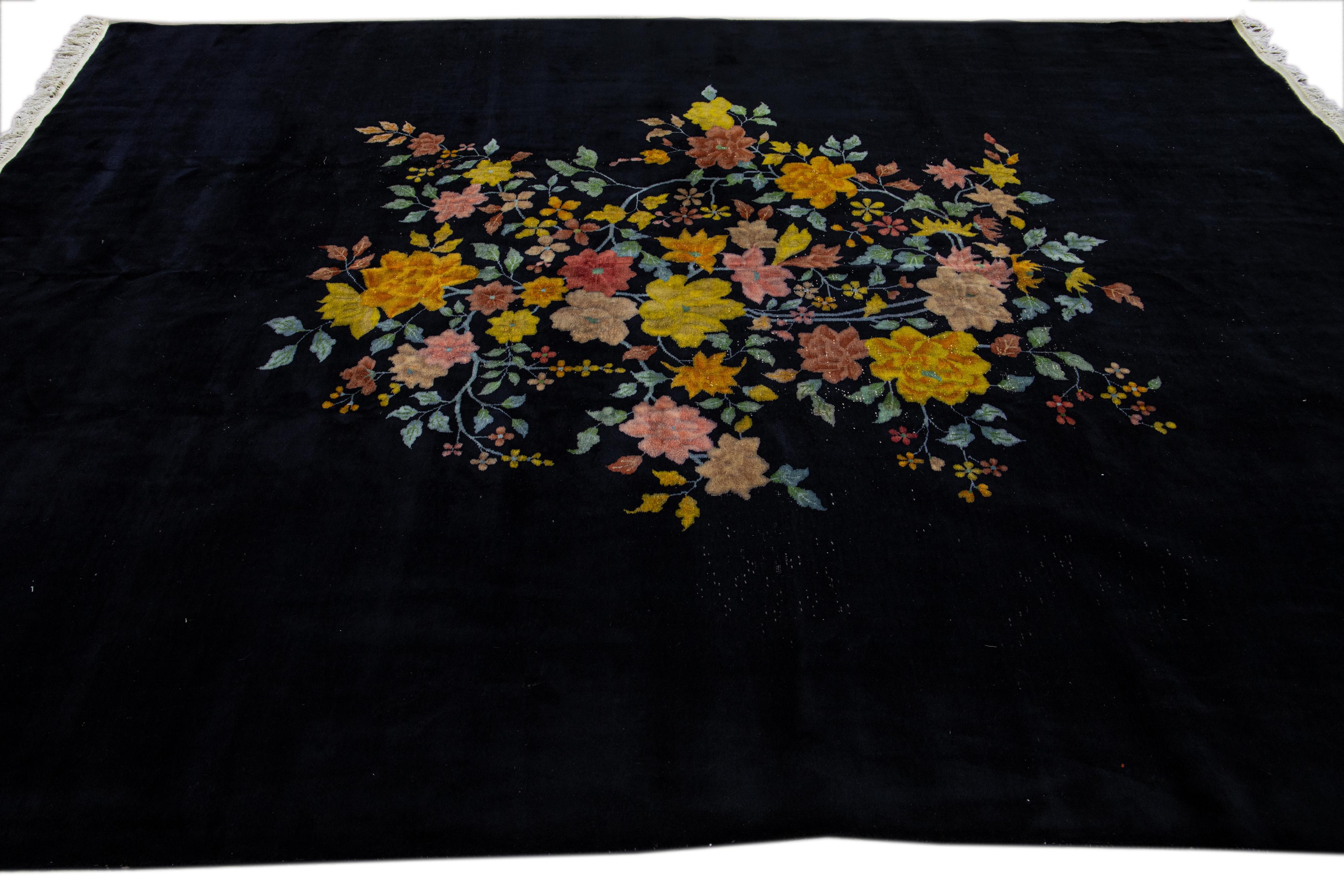 Antique Art Deco Chinese Handmade Floral Dark Blue Wool Rug In Excellent Condition For Sale In Norwalk, CT