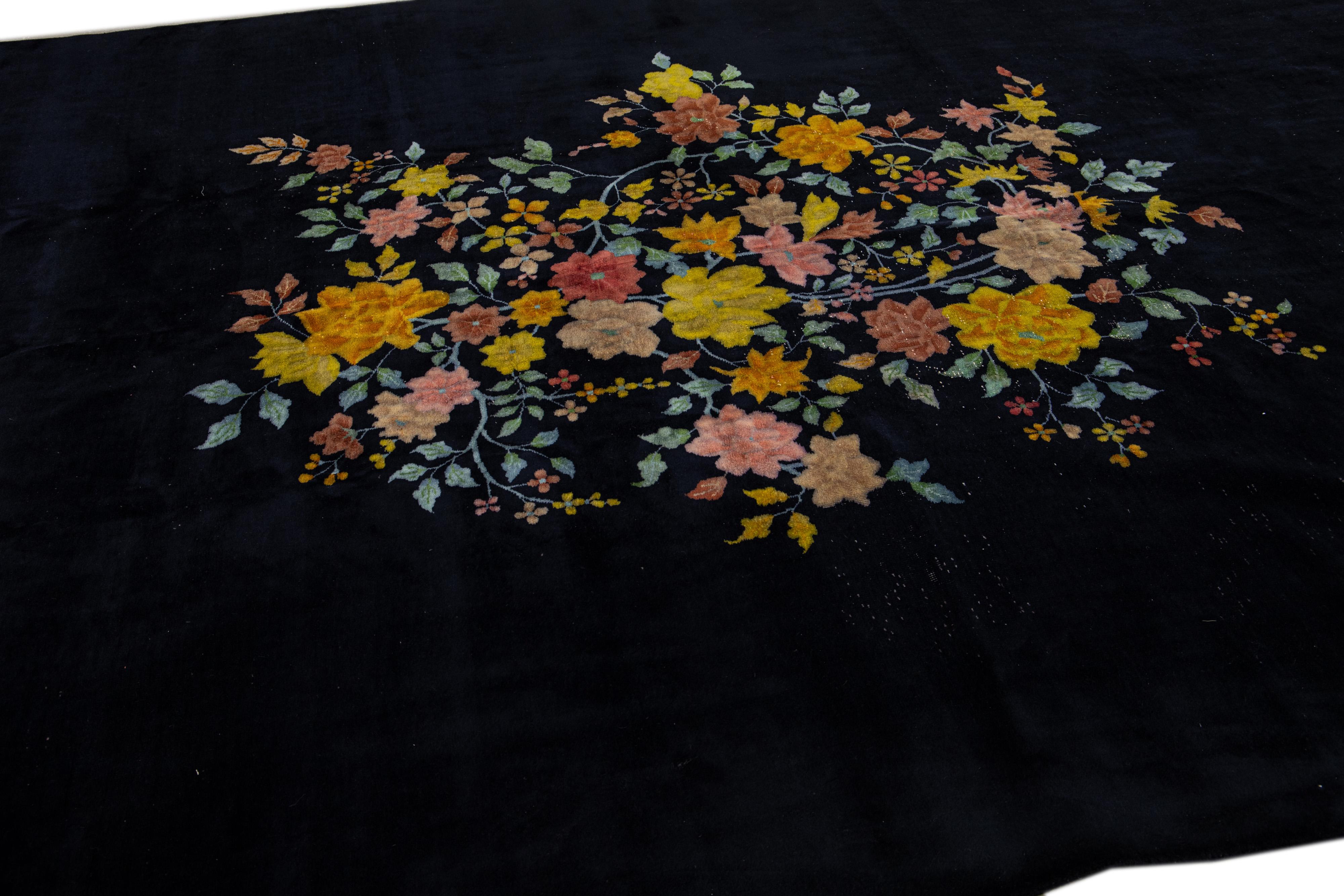 Other Antique Art Deco Chinese Handmade Floral Dark Blue Wool Rug For Sale