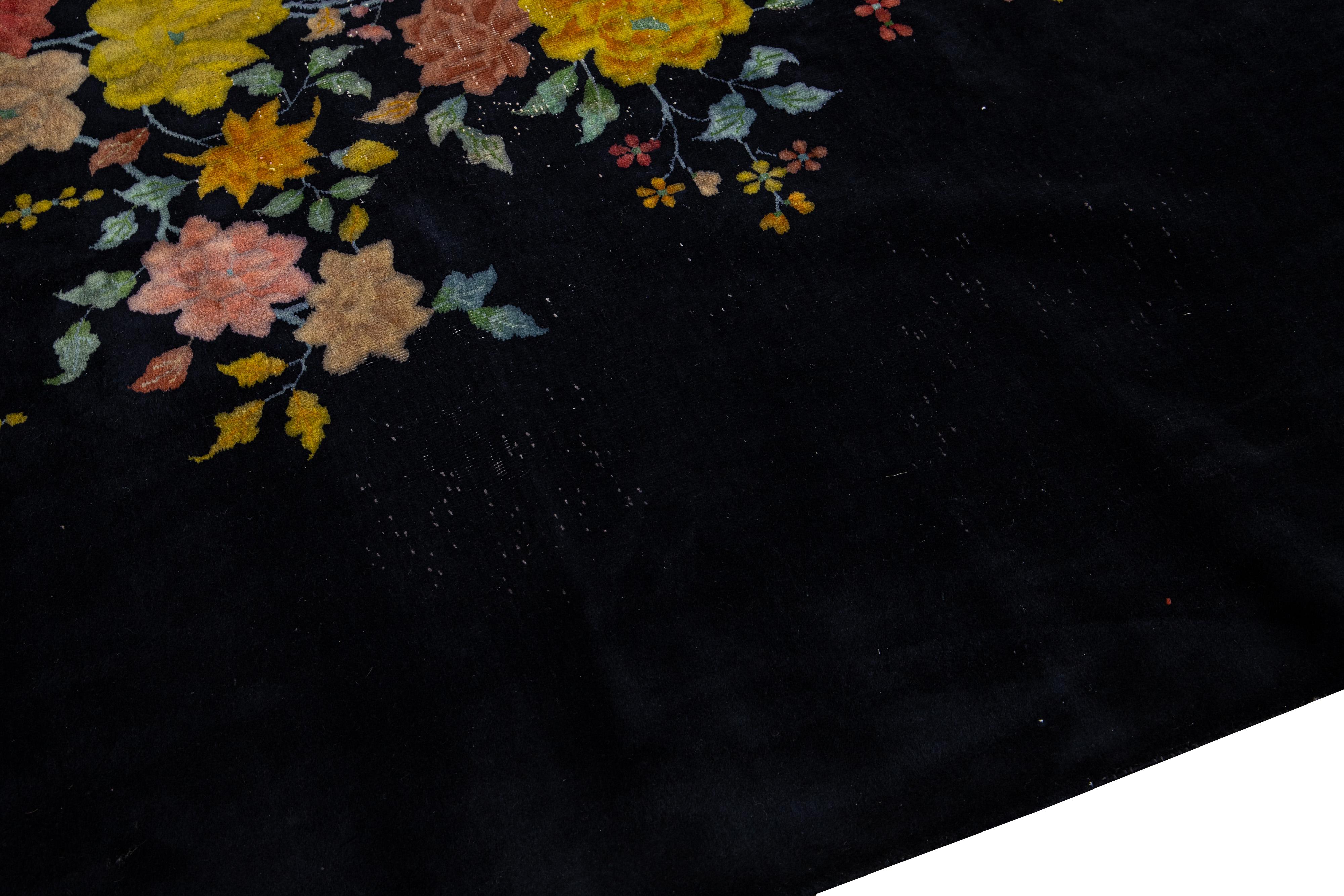 Antique Art Deco Chinese Handmade Floral Dark Blue Wool Rug For Sale 1