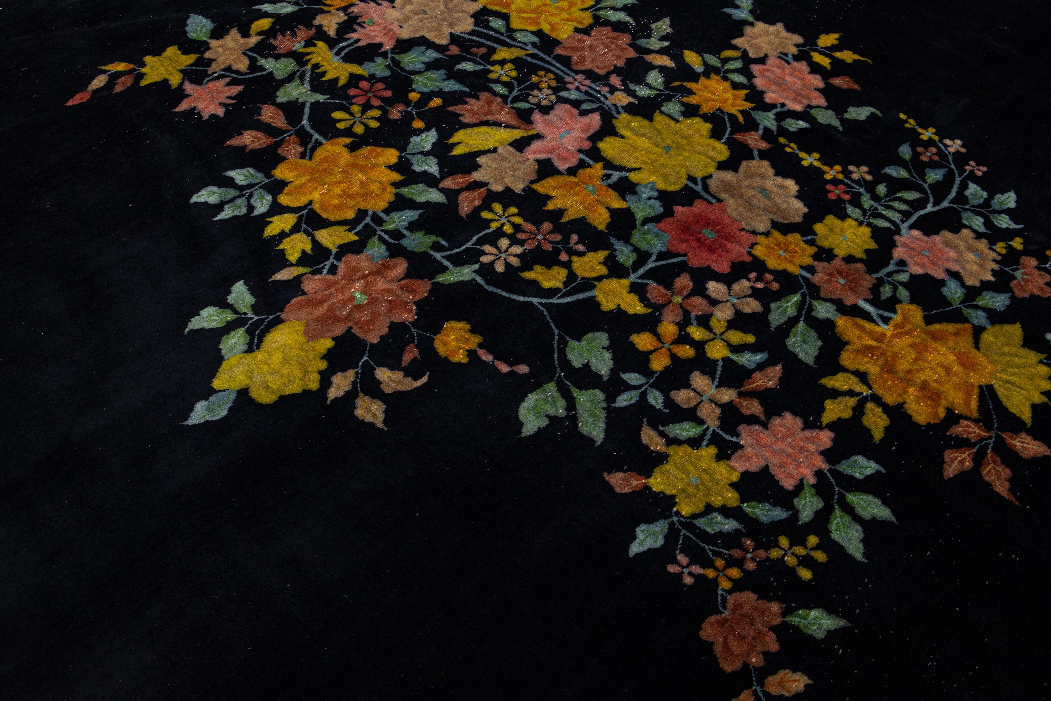 Antique Art Deco Chinese Handmade Floral Dark Blue Wool Rug For Sale 2