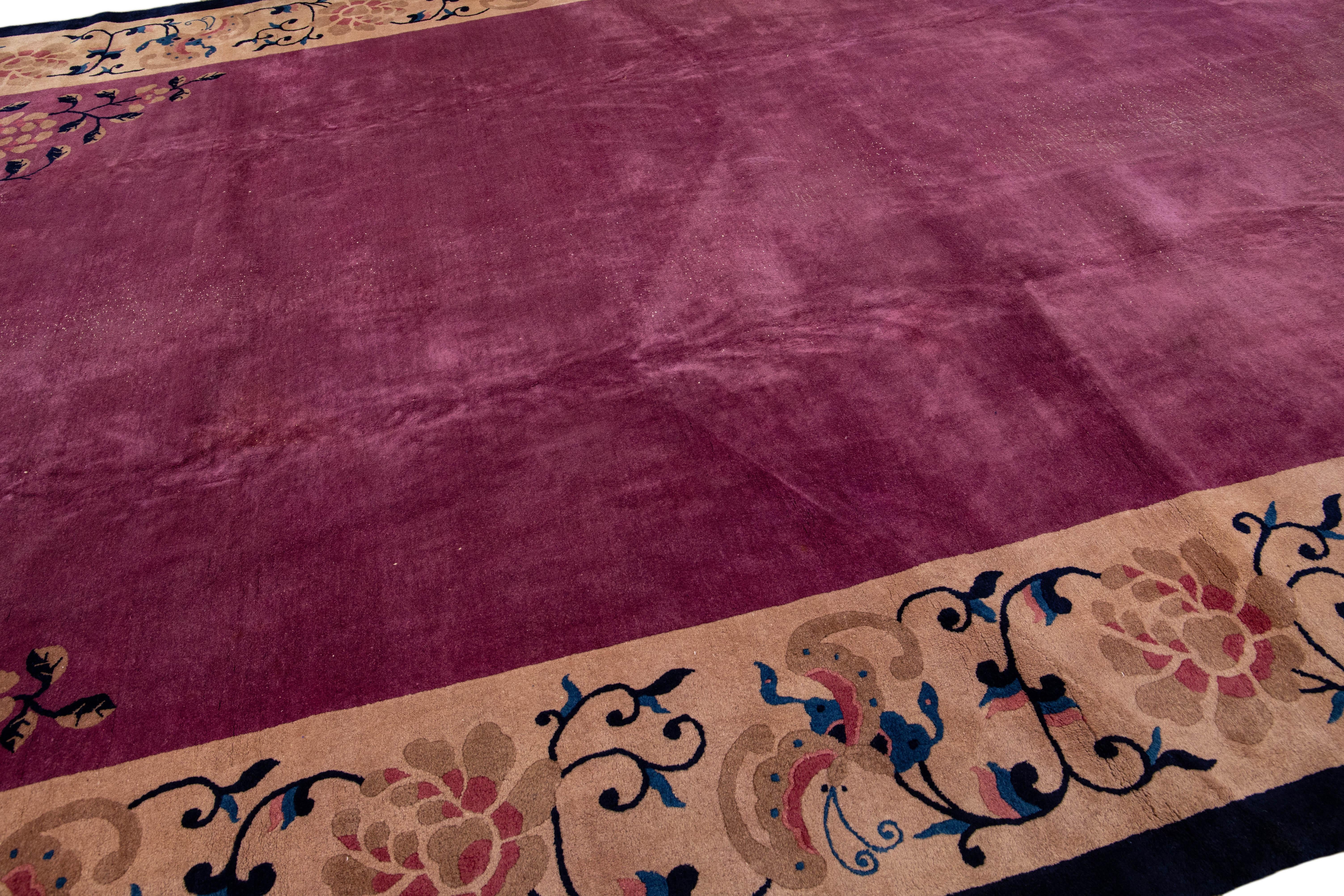 20th Century Antique Art Deco Chinese Handmade Floral Purple Wool Rug 11 Ft 11 in X 19 Ft 2 I For Sale
