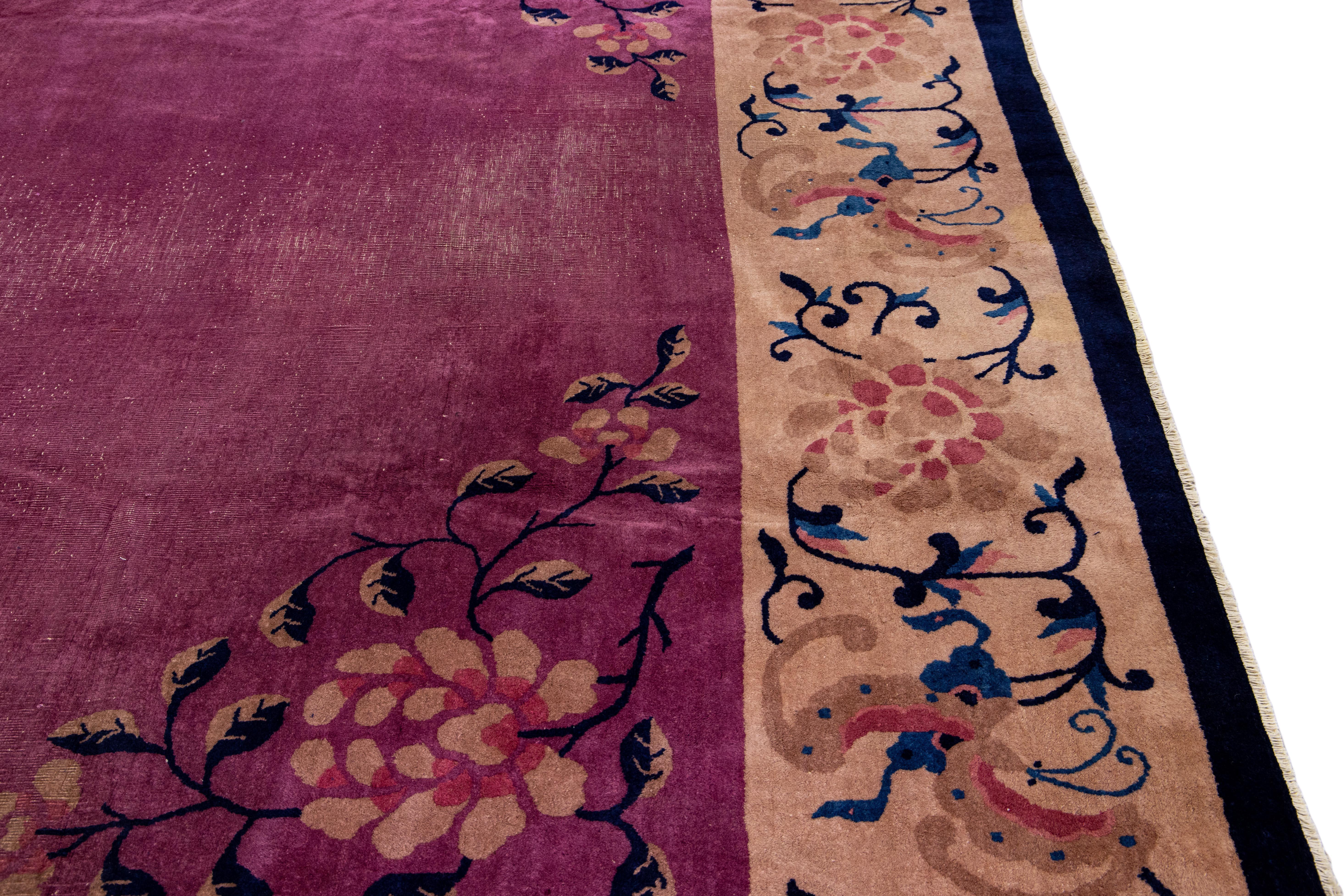 Antique Art Deco Chinese Handmade Floral Purple Wool Rug 11 Ft 11 in X 19 Ft 2 I For Sale 1
