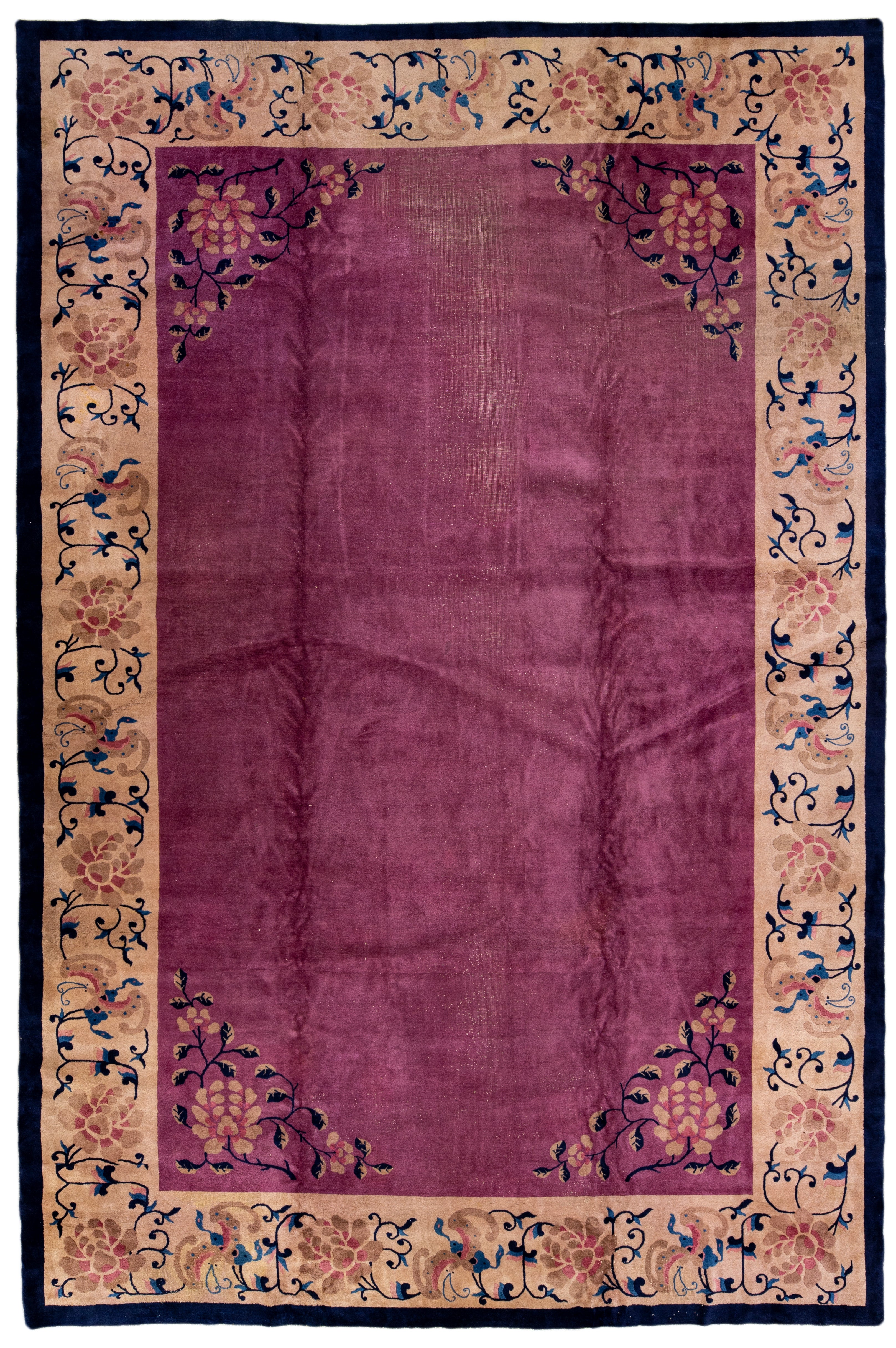 Antique Art Deco Chinese Handmade Floral Purple Wool Rug 11 Ft 11 in X 19 Ft 2 I For Sale