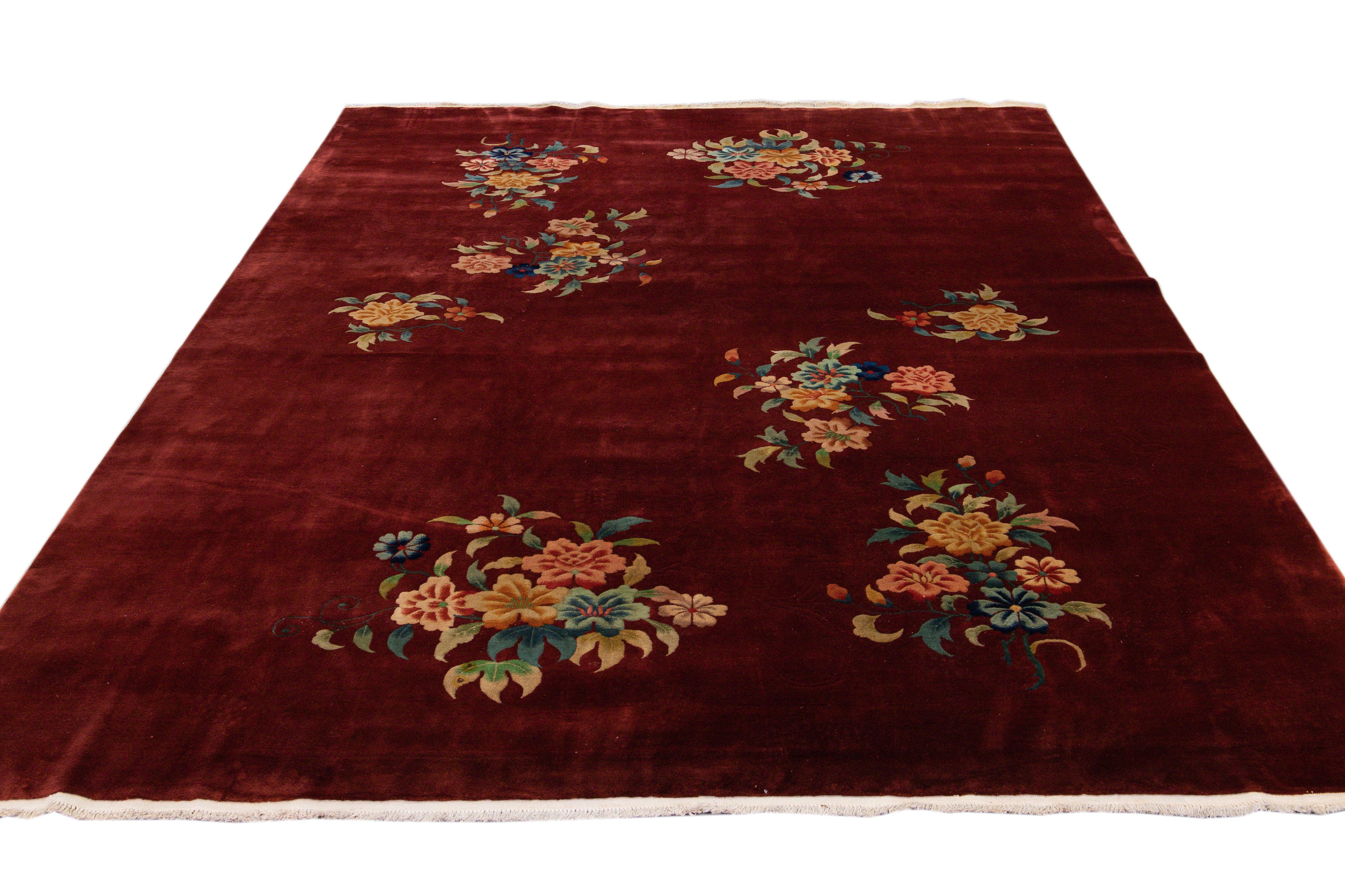 Antique Art Deco Chinese Handmade Red Wool Rug For Sale 4
