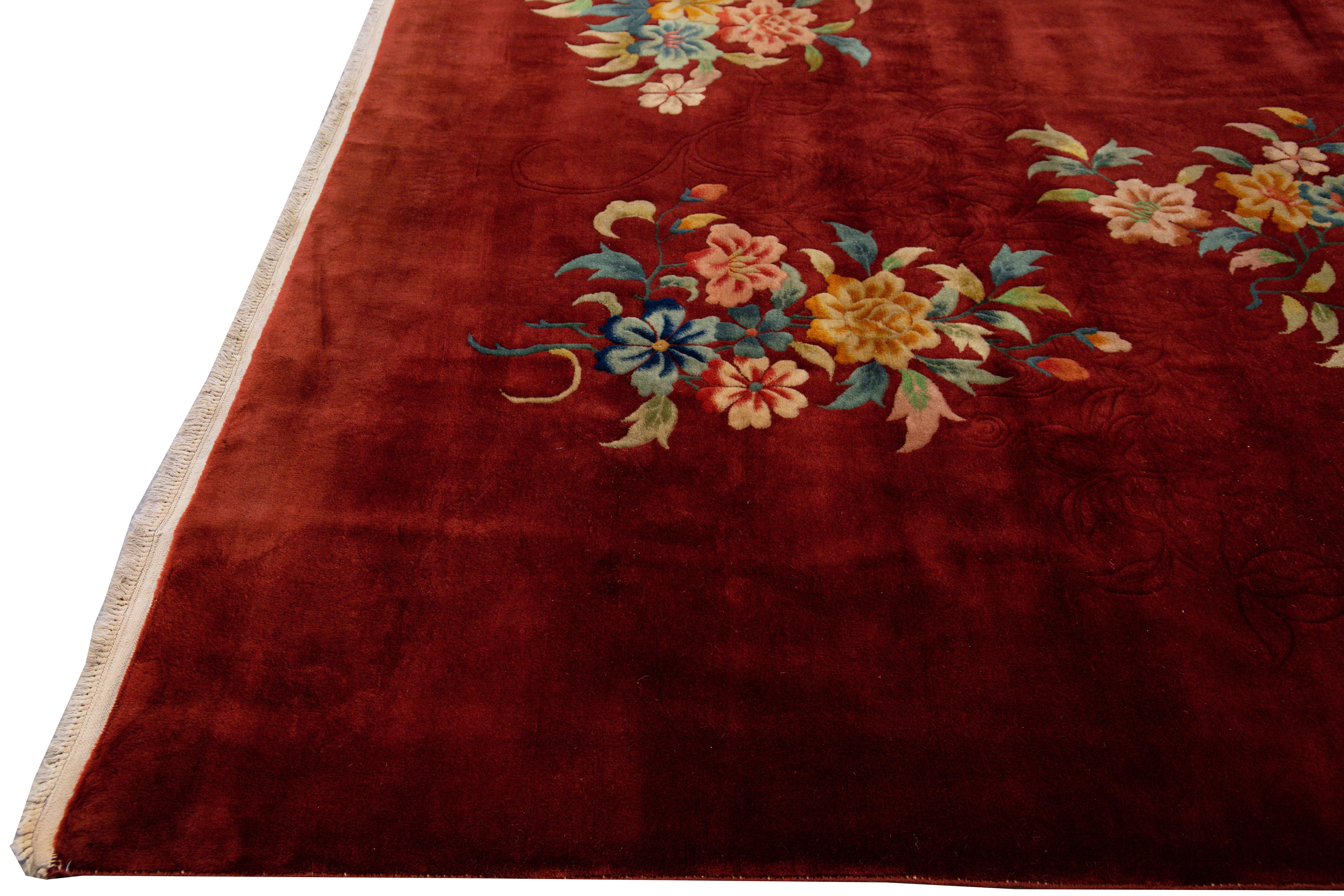 Hand-Knotted Antique Art Deco Chinese Handmade Red Wool Rug For Sale