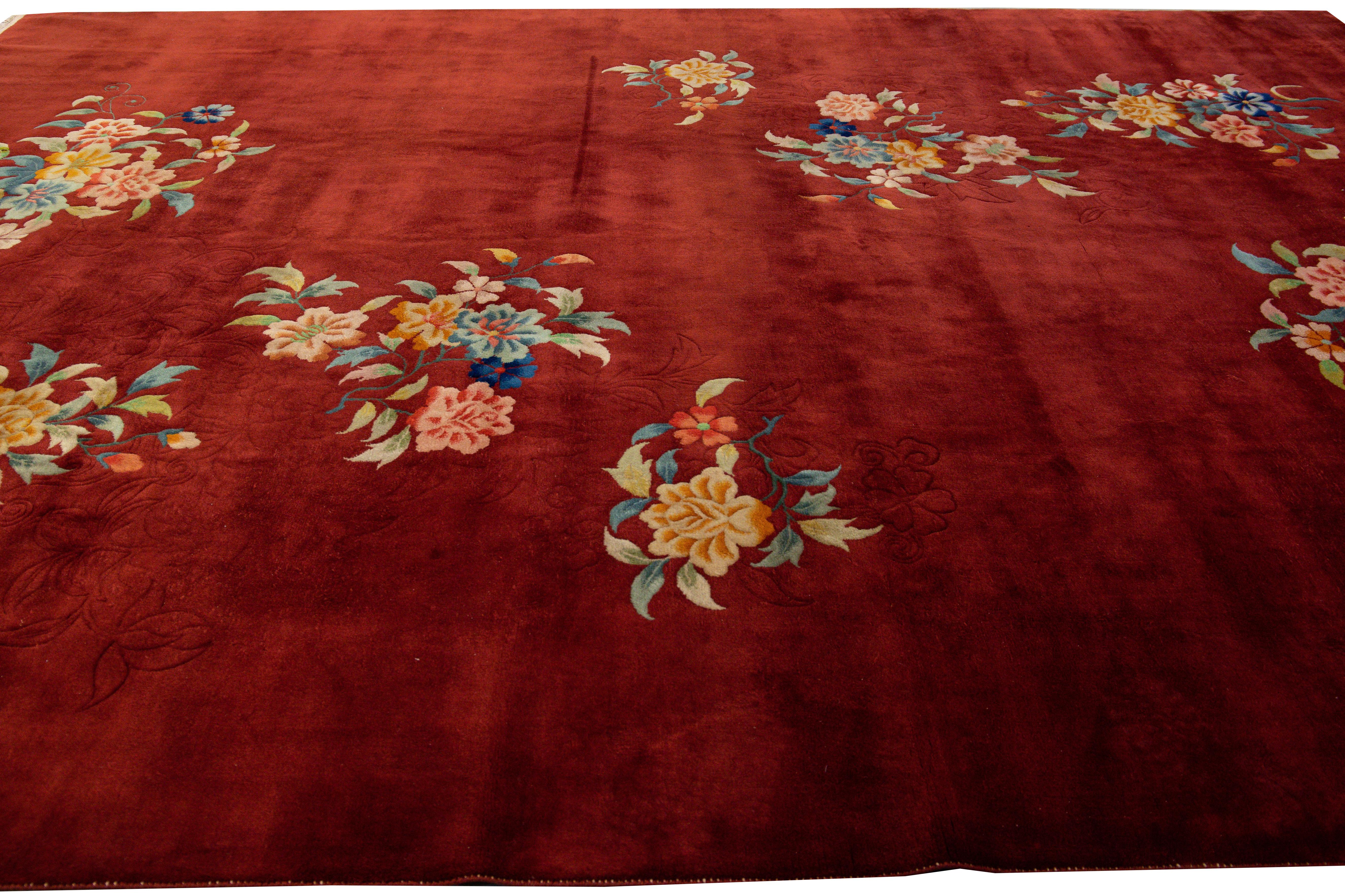 Early 20th Century Antique Art Deco Chinese Handmade Red Wool Rug For Sale