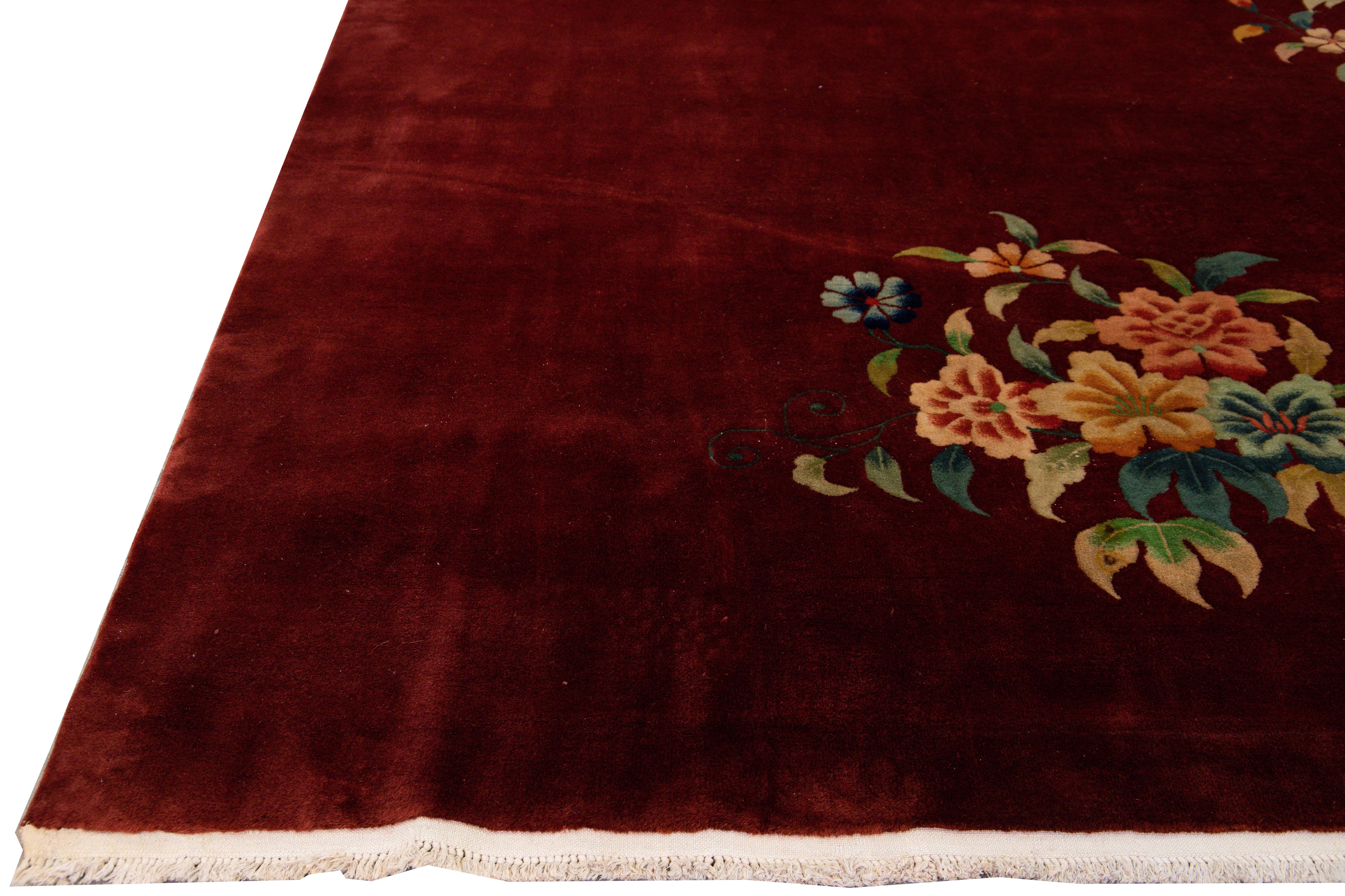 Antique Art Deco Chinese Handmade Red Wool Rug For Sale 2