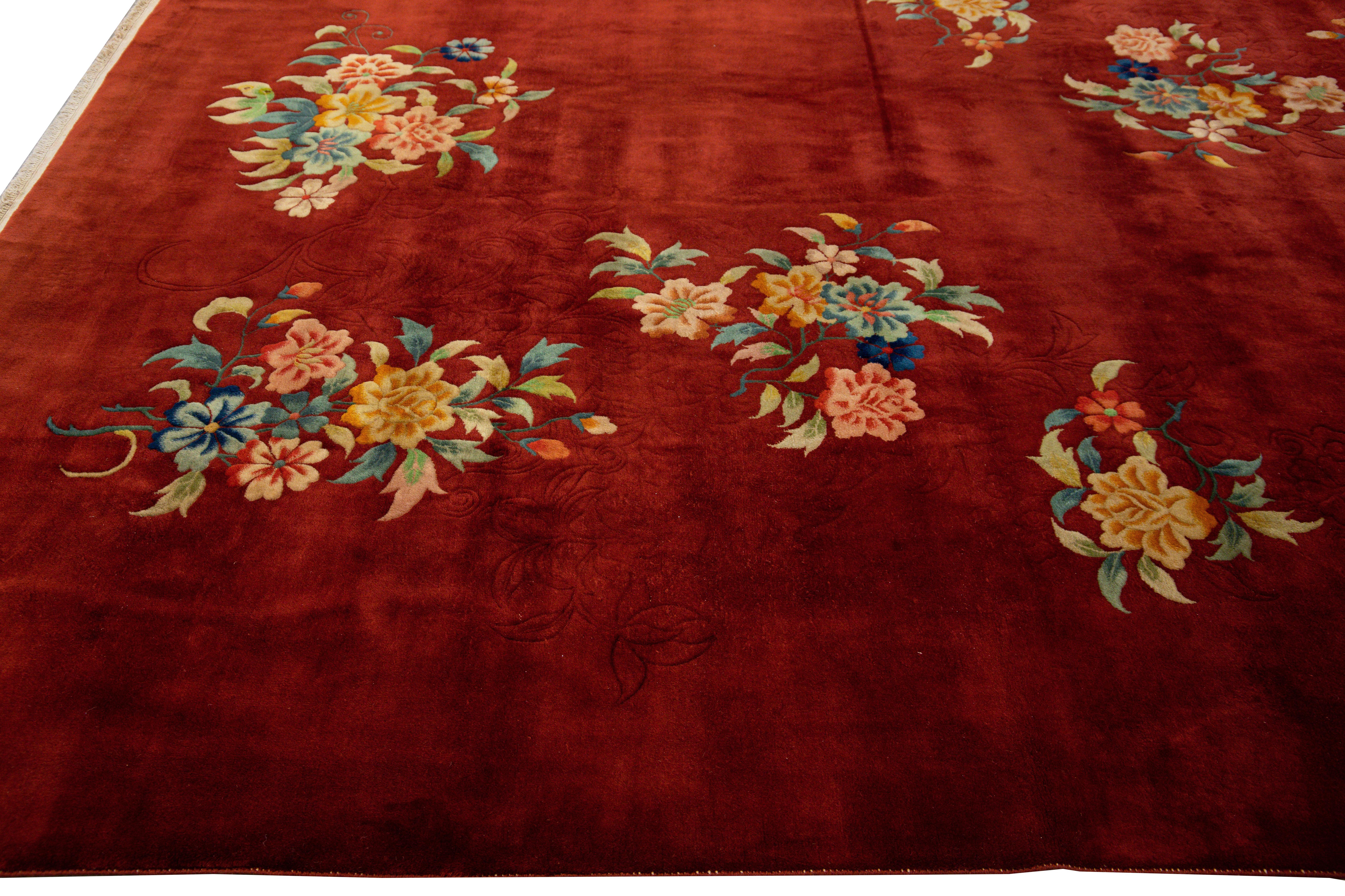 Antique Art Deco Chinese Handmade Red Wool Rug For Sale 3