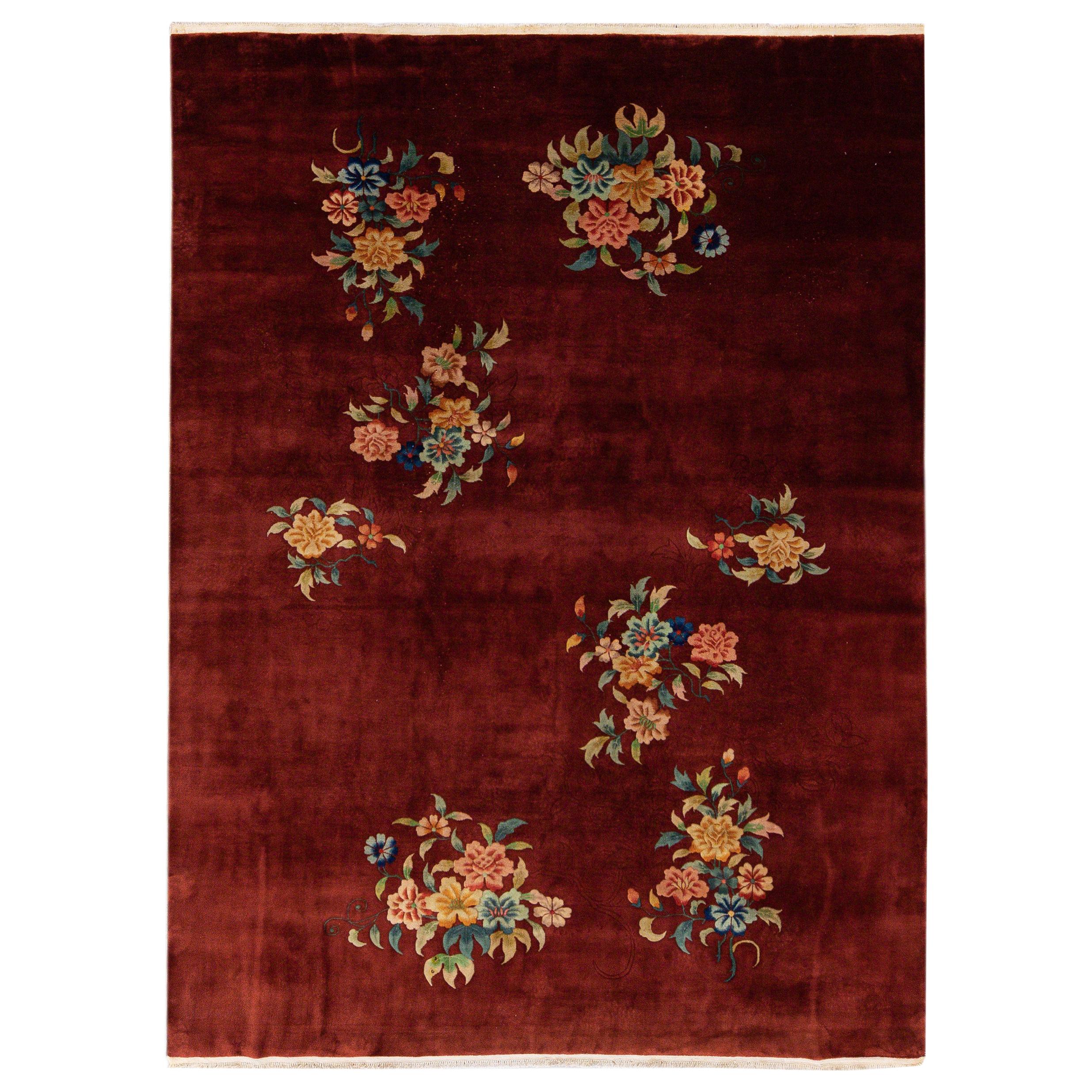Antique Art Deco Chinese Handmade Red Wool Rug For Sale