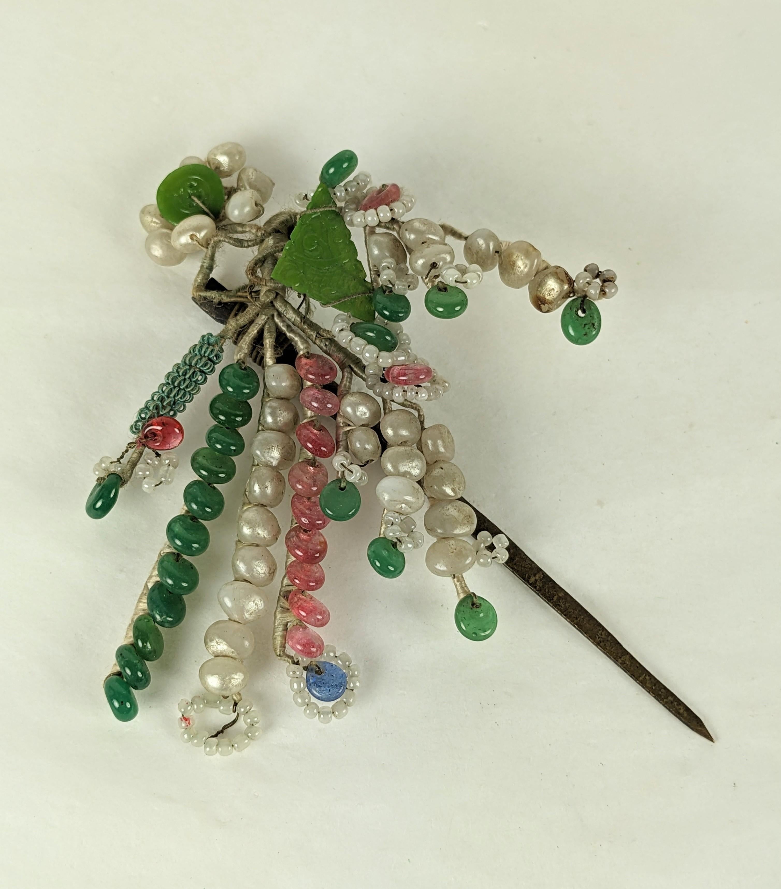 Antique Chinese Jeweled Tremblant Hair Pick from the Art Deco period. Made with faux pearls and molded glass to replicate gems like jade and tourmalines. 4.5