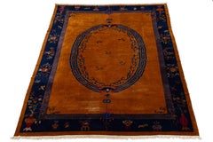 Antique Art Deco Chinese Nichols Style Rug - Mandarin Orange & Indigo 10x14